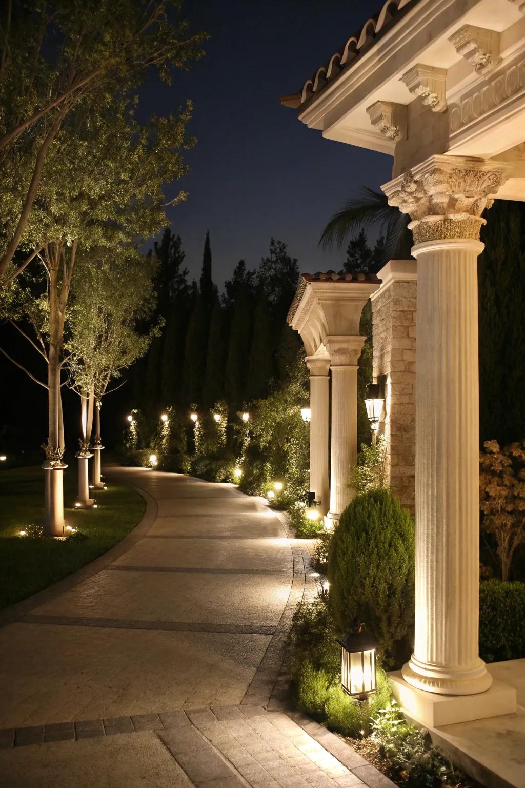 Spotlights accentuate unique features along a driveway.