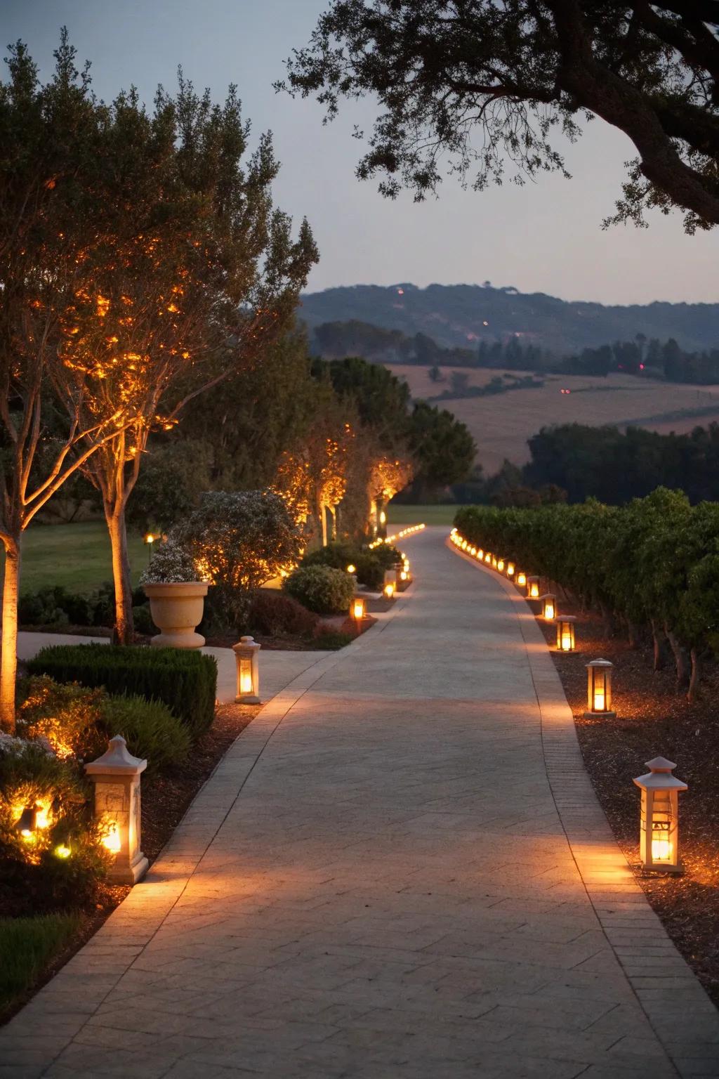 Warm-toned LED lights create a cozy driveway ambiance.