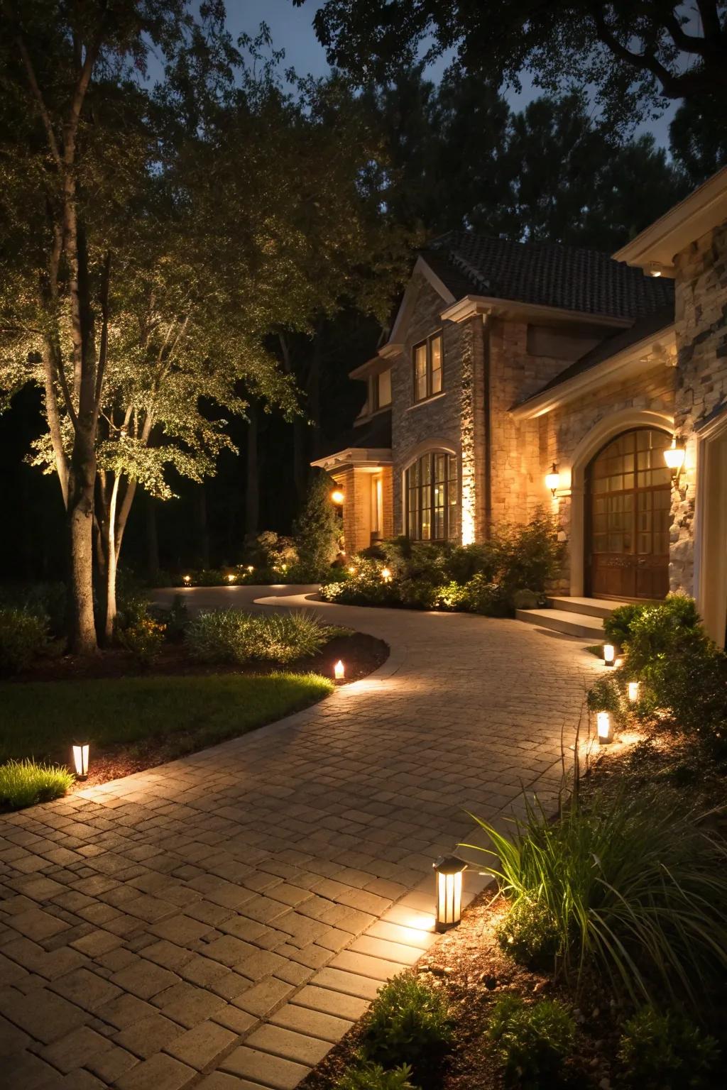 Layered lighting adds depth and interest to a driveway.