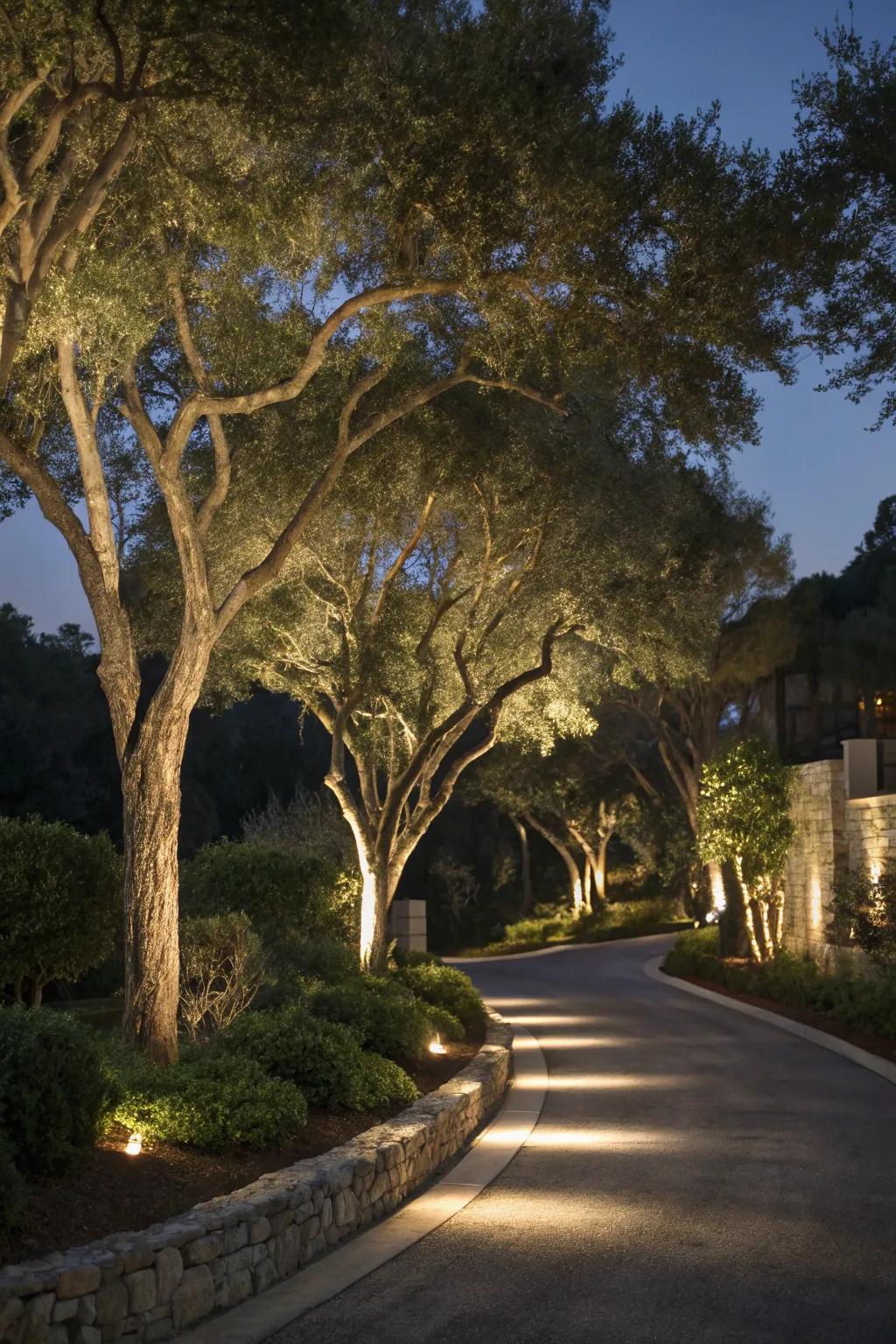 Accent lighting highlights the natural beauty of trees along a driveway.