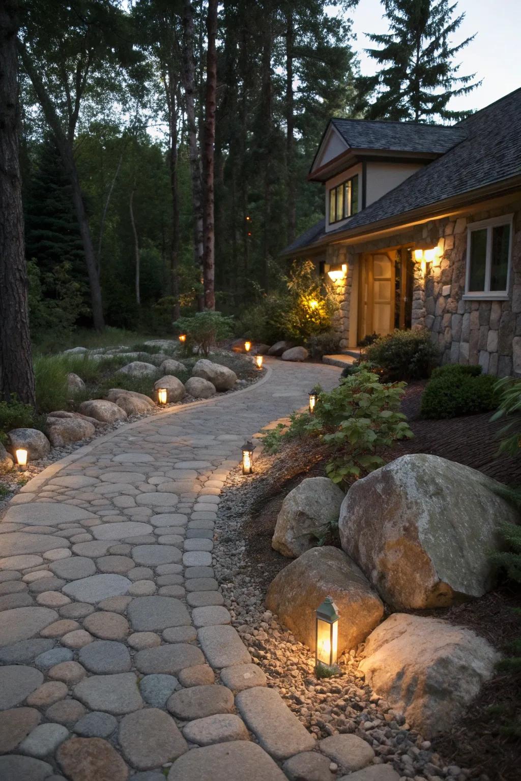 Lighting integrated with natural stone for an earthy aesthetic.