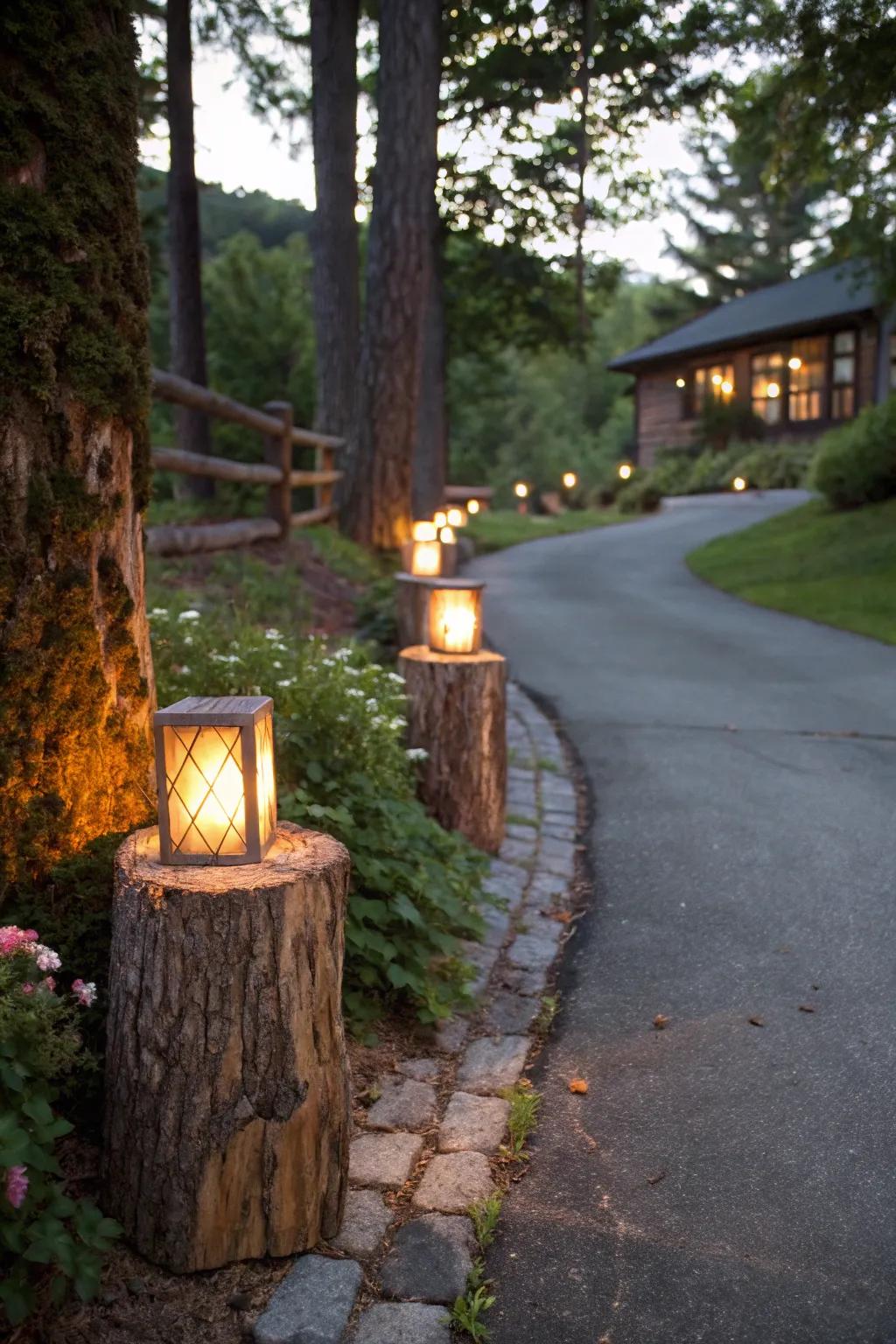 Rustic log lights add warmth and character to a driveway.