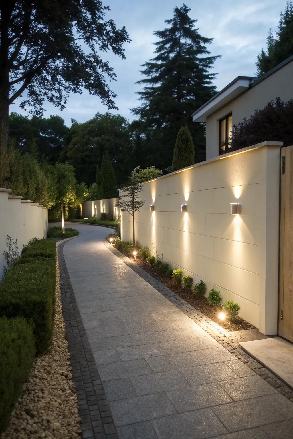 Integrated wall lighting provides sleek driveway illumination.