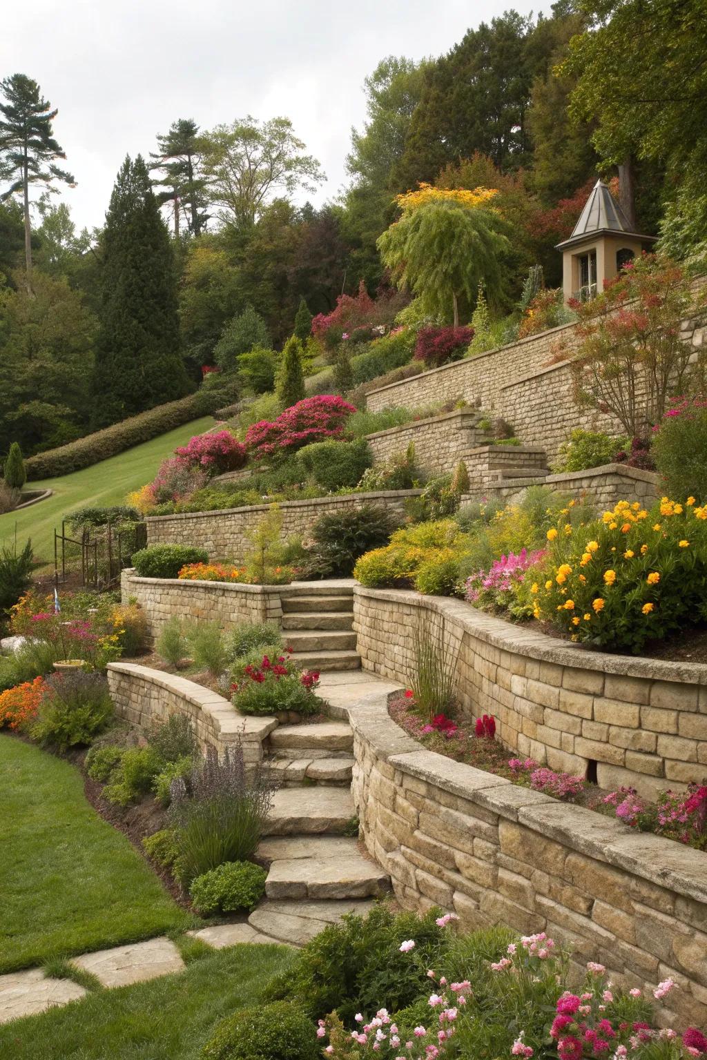 Stone retaining walls provide structure and beauty.