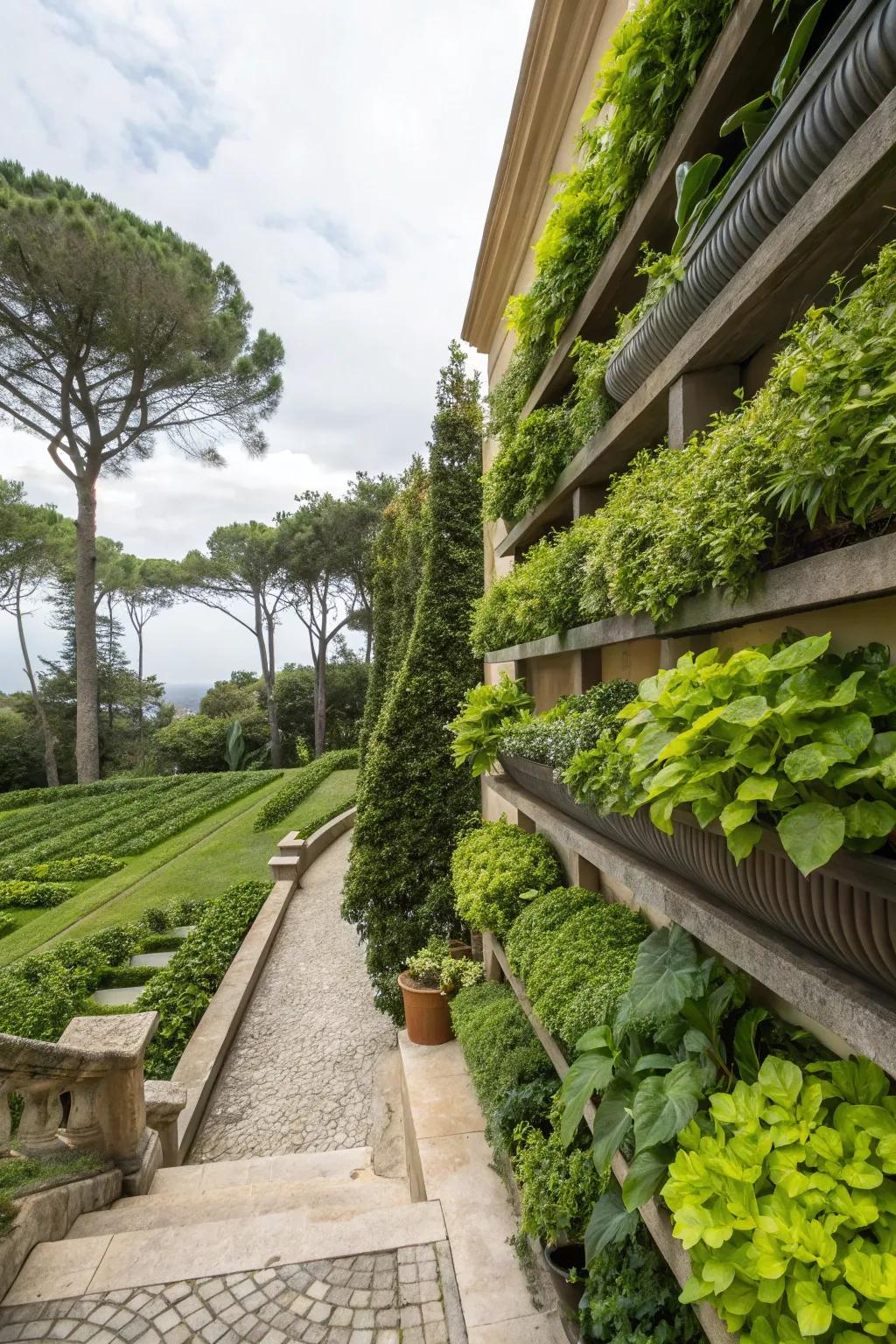 Vertical gardens make use of every inch.