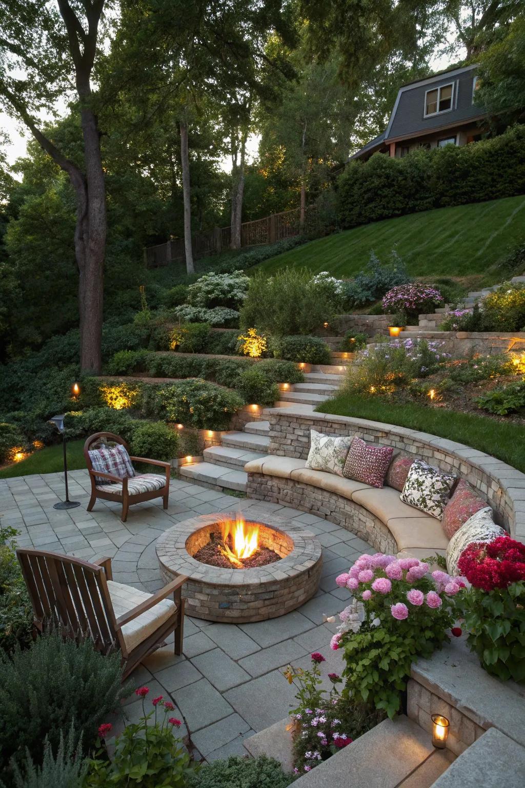 A fire pit makes for a cozy gathering spot.