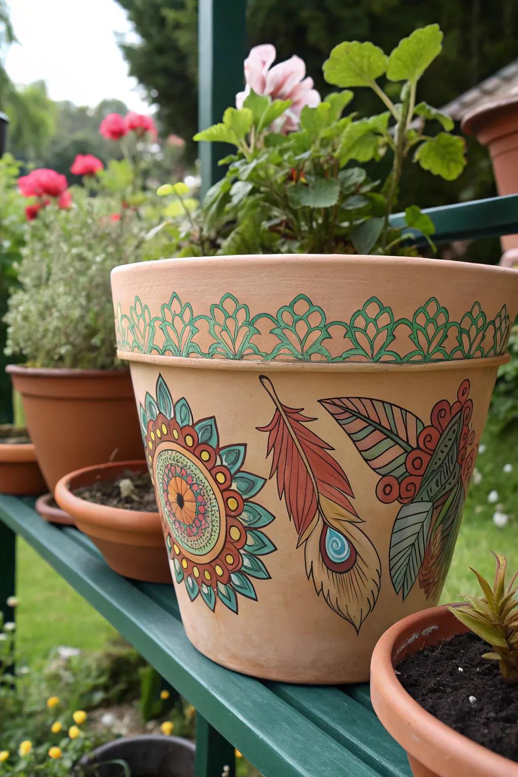 A bohemian-inspired flower pot featuring mandalas and feathers.
