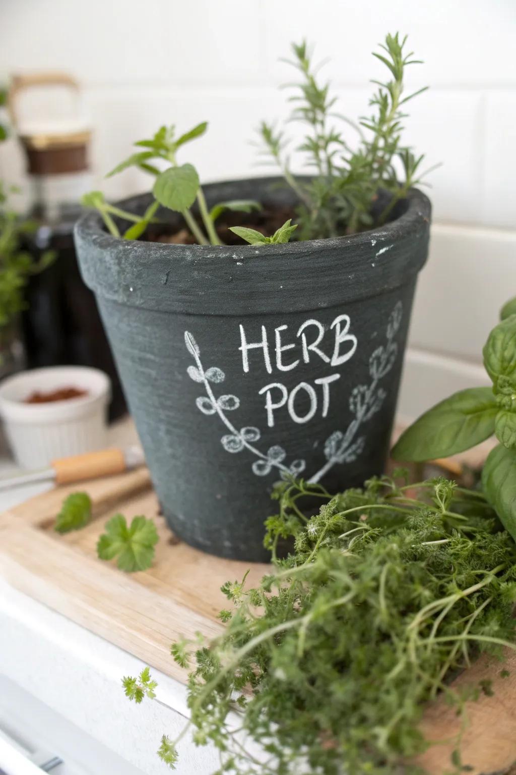 Chalkboard flower pot with customizable plant labels.