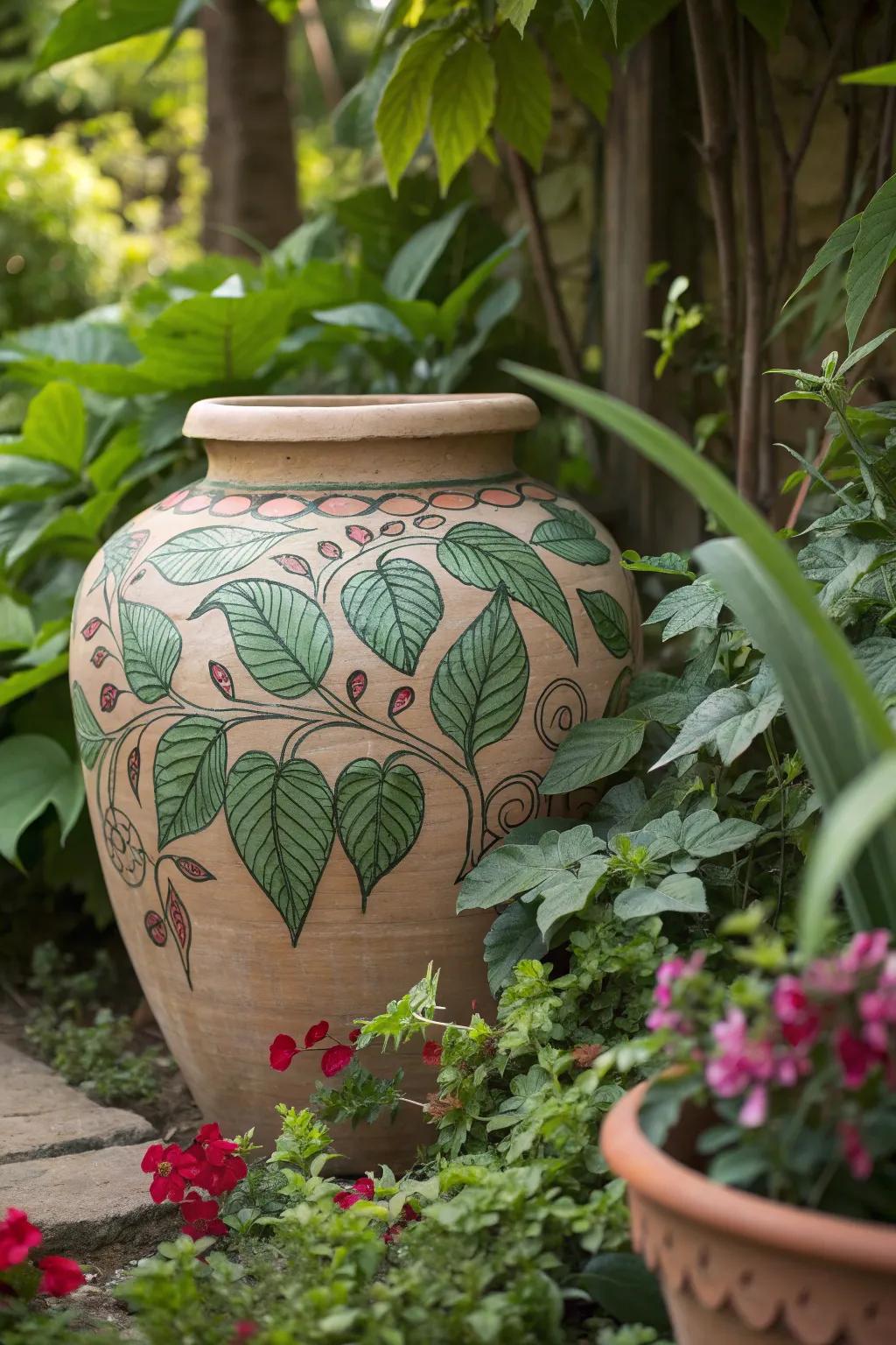 Flower pot adorned with natural leaf patterns.