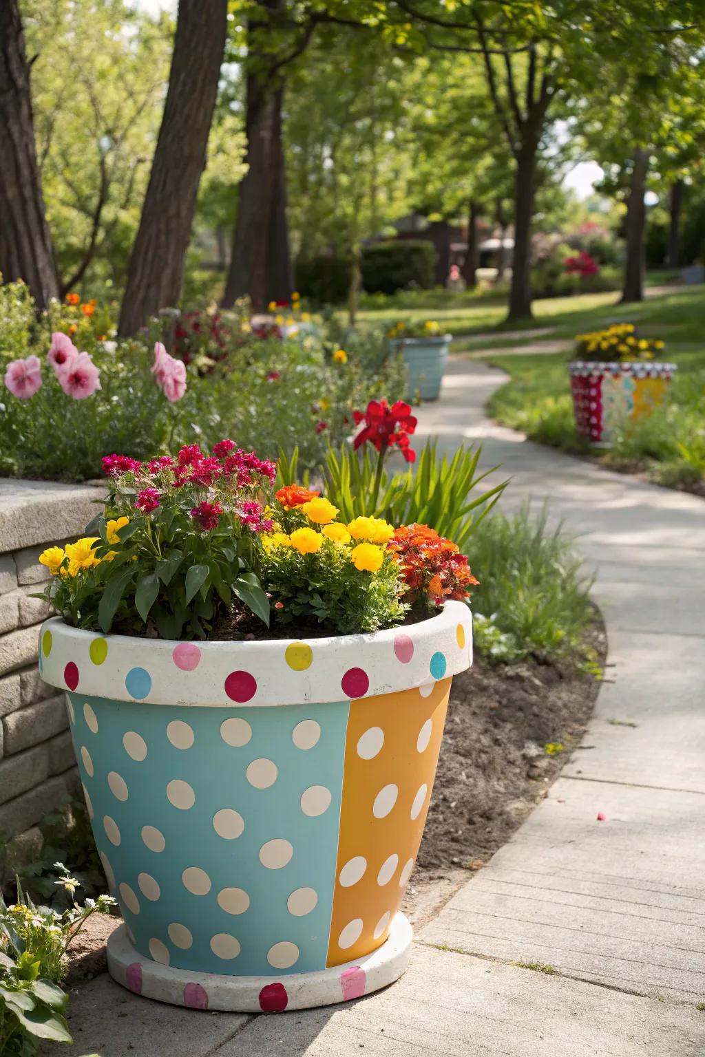 A flower pot with bright and playful polka dots.