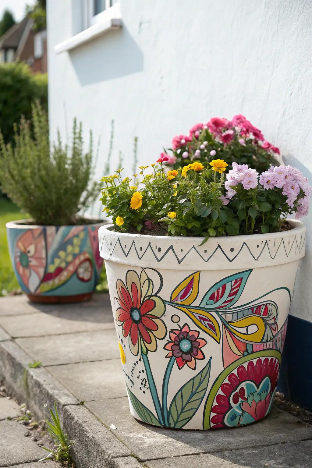 A flower pot adorned with vibrant abstract art.