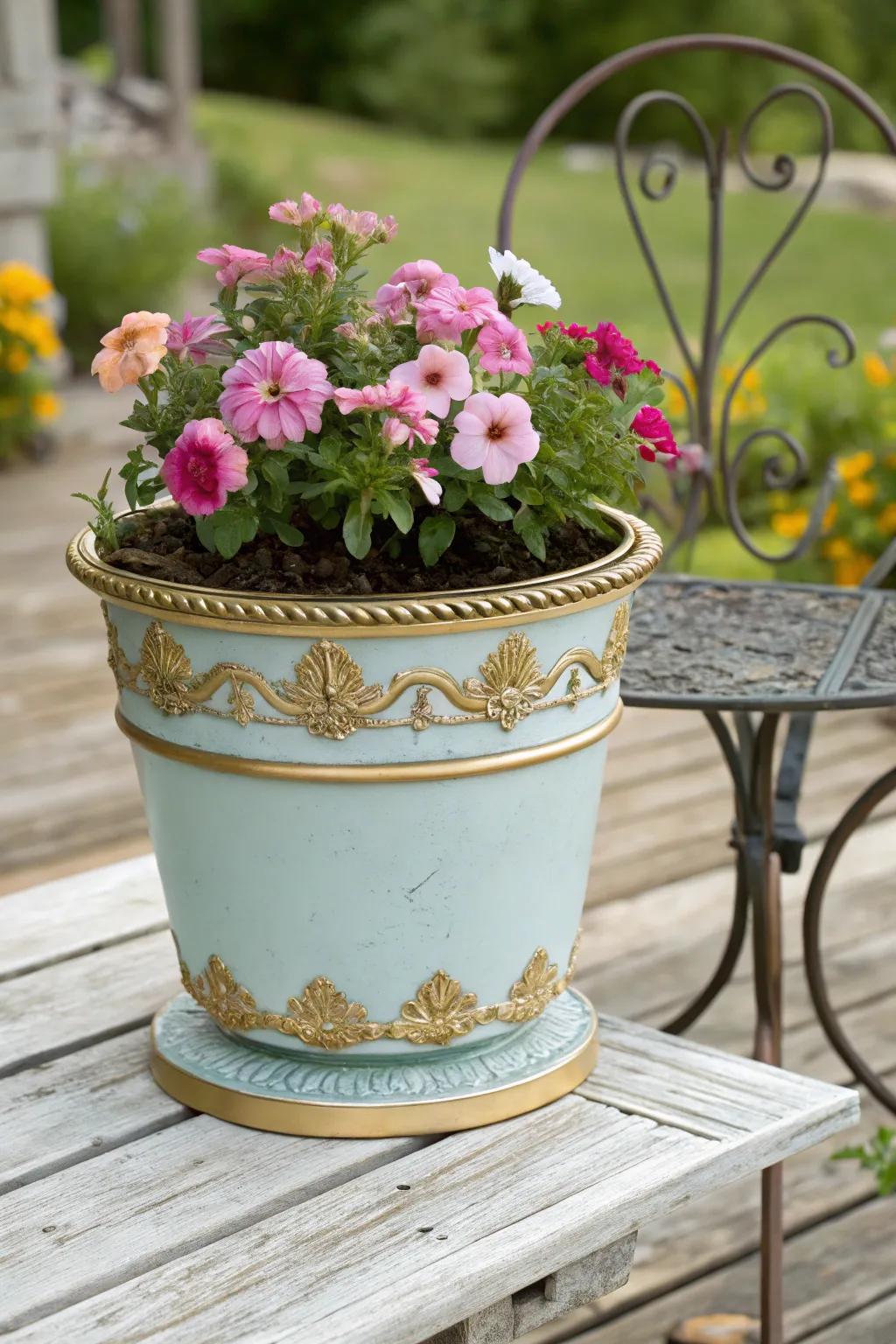 A flower pot with elegant gold accents.