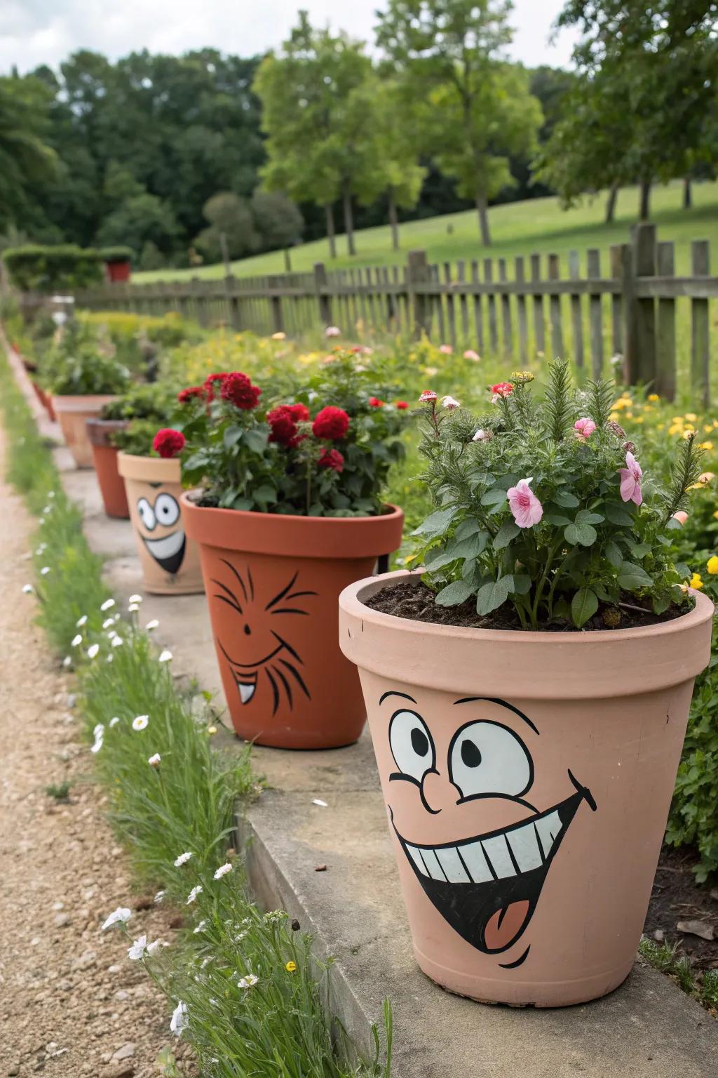 Flower pots with comical faces, adding character to the garden.