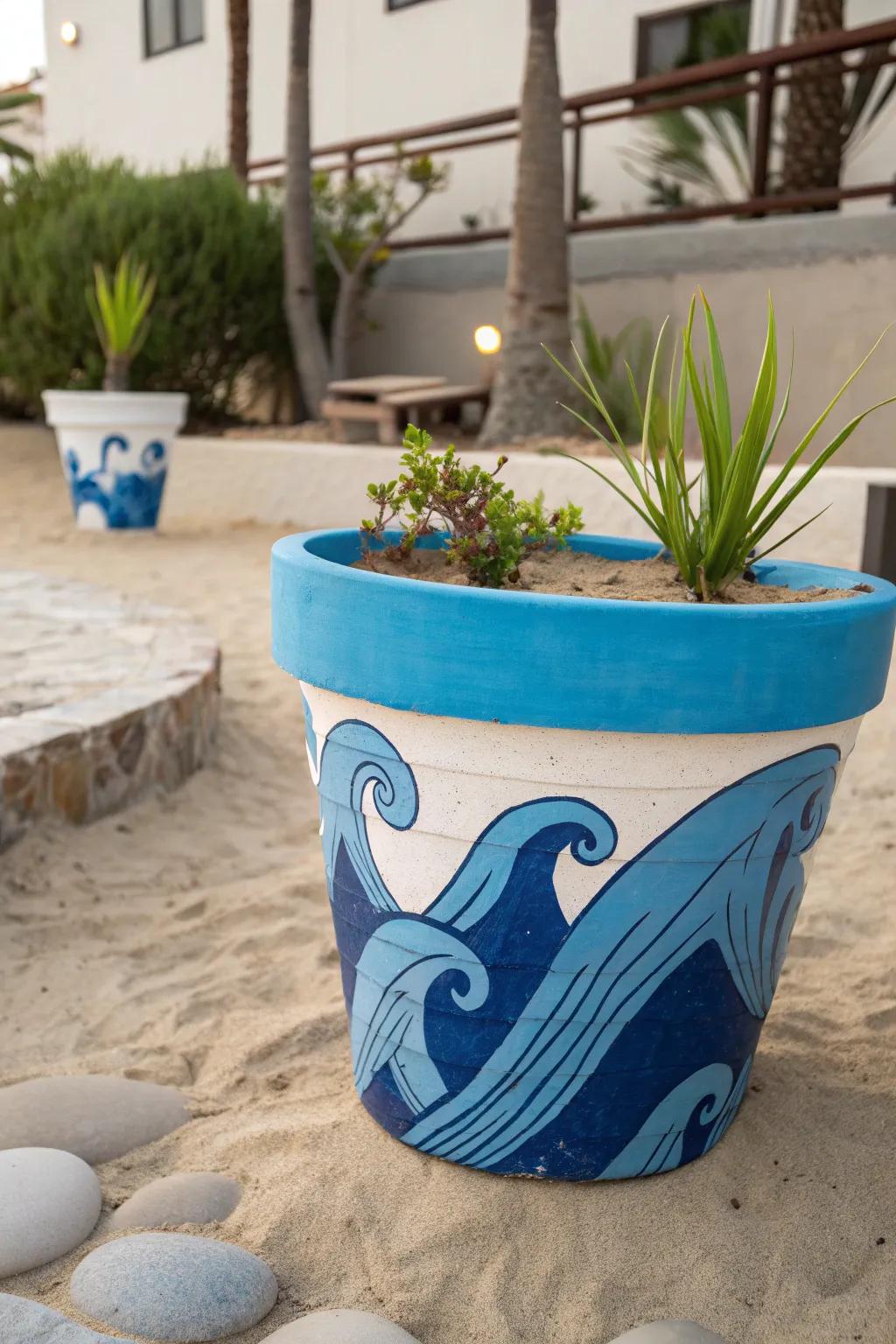 A flower pot with tranquil ocean wave designs.