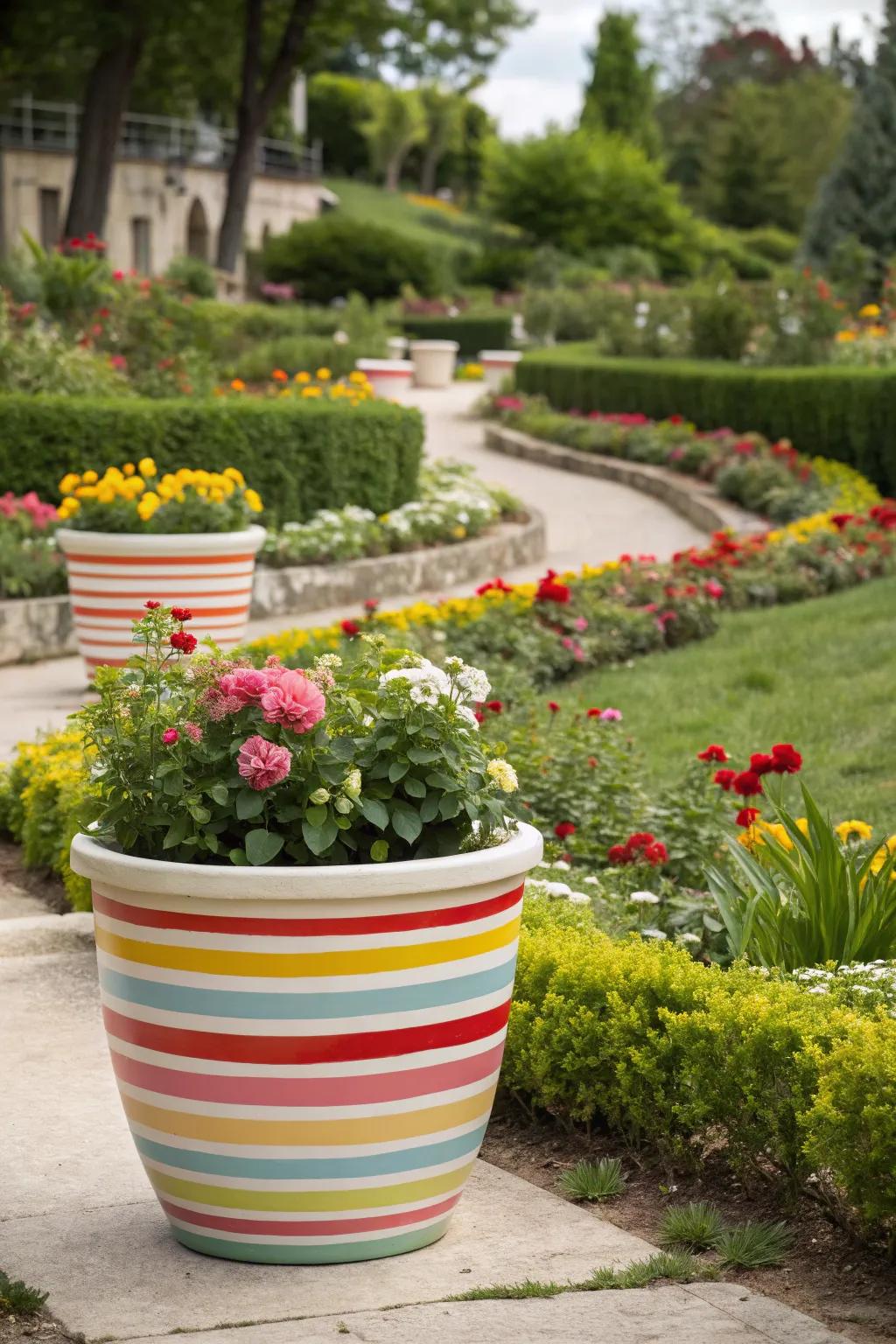 A flower pot with bold and funky striped patterns.