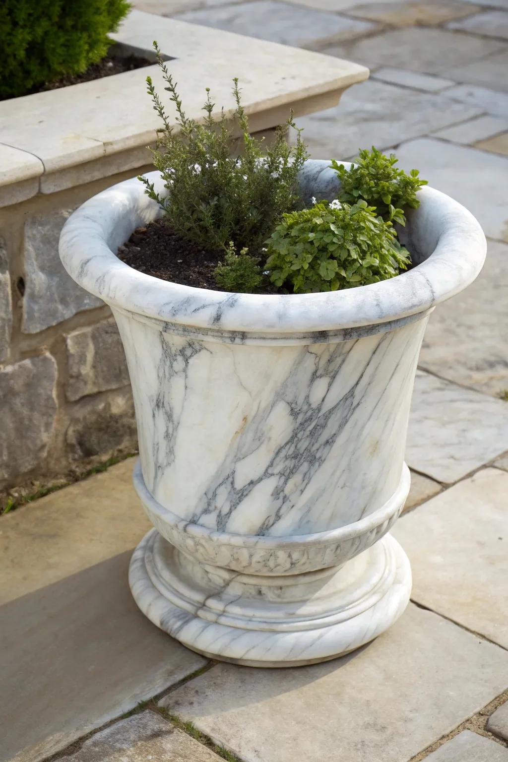 A flower pot with a chic marble effect.