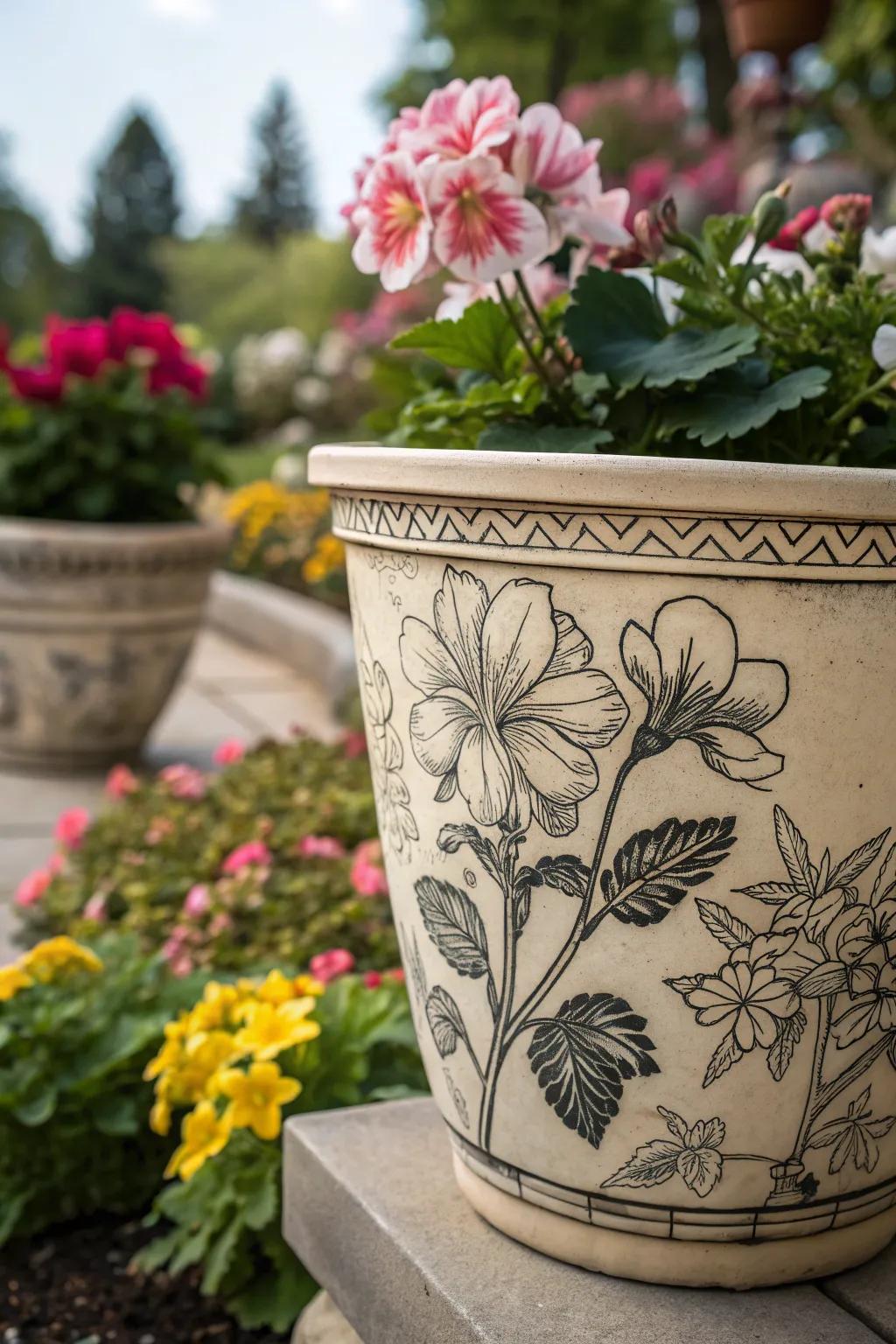 A flower pot adorned with detailed botanical sketches.