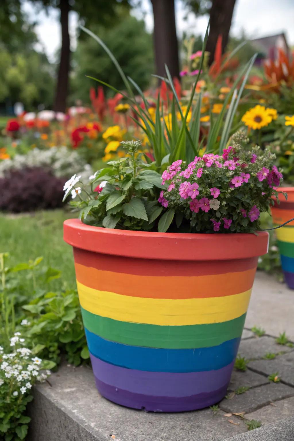 A flower pot with cheerful rainbow stripe patterns.