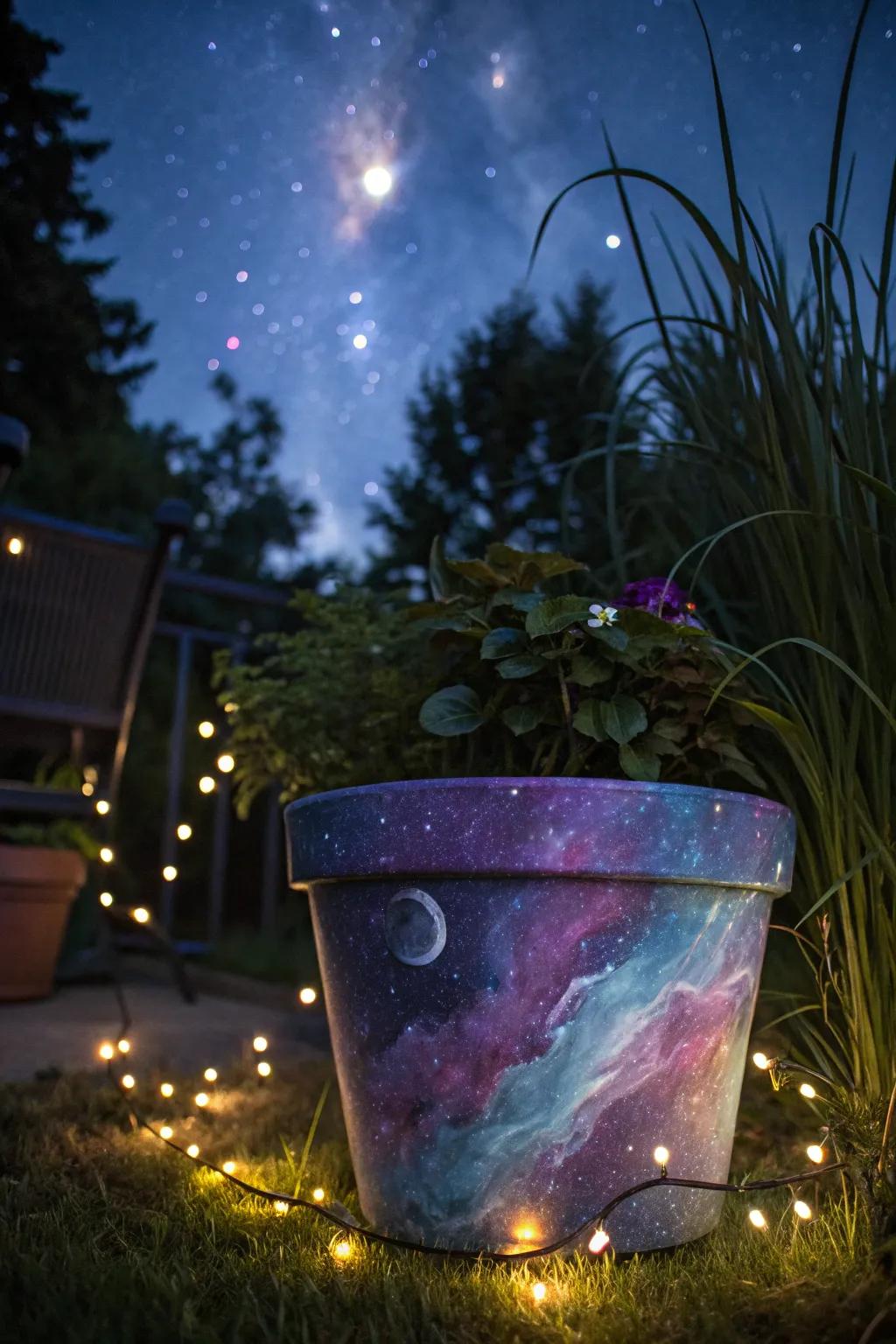 A flower pot with captivating galaxy swirl designs.