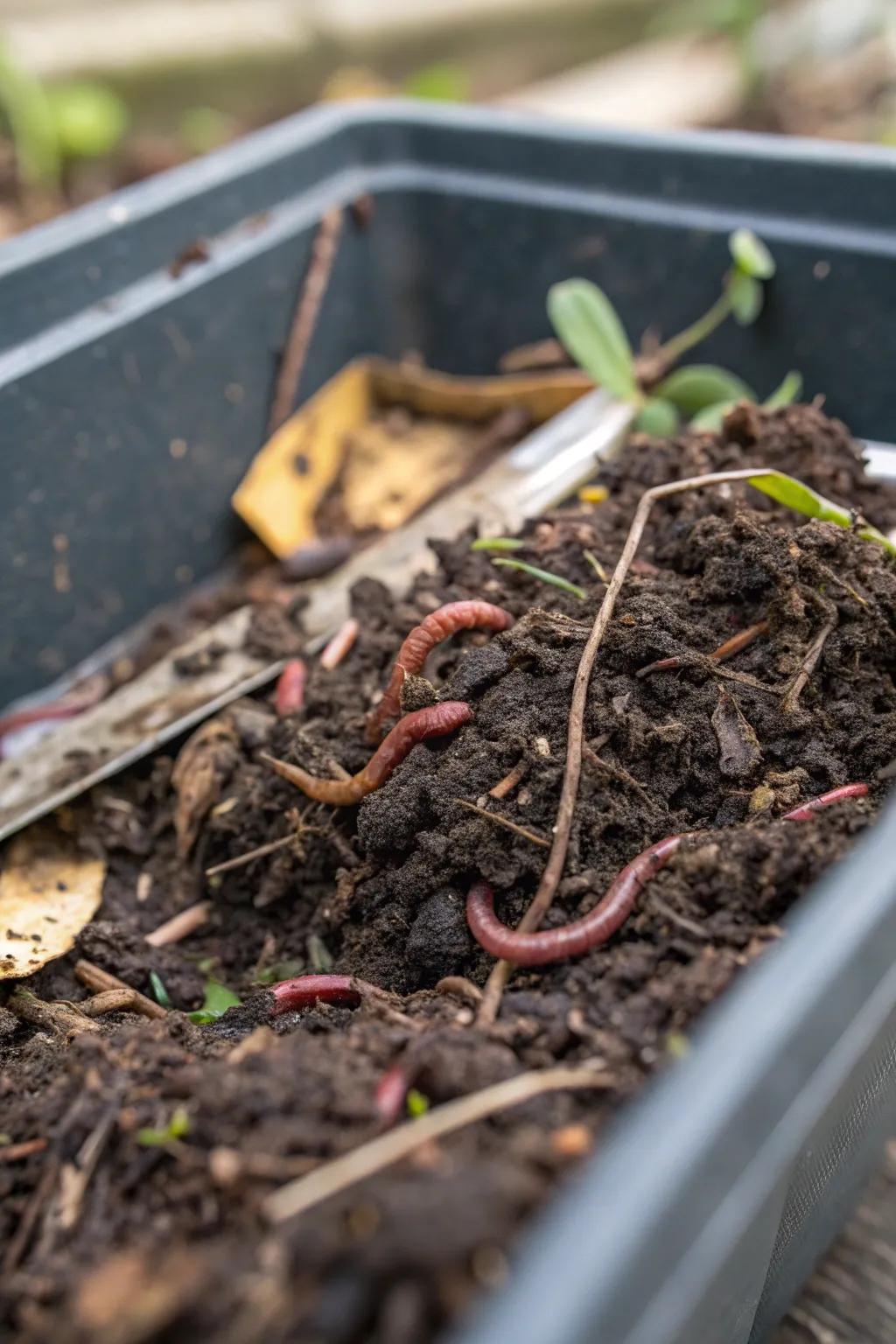 A vibrant vermicomposting bin with active worms