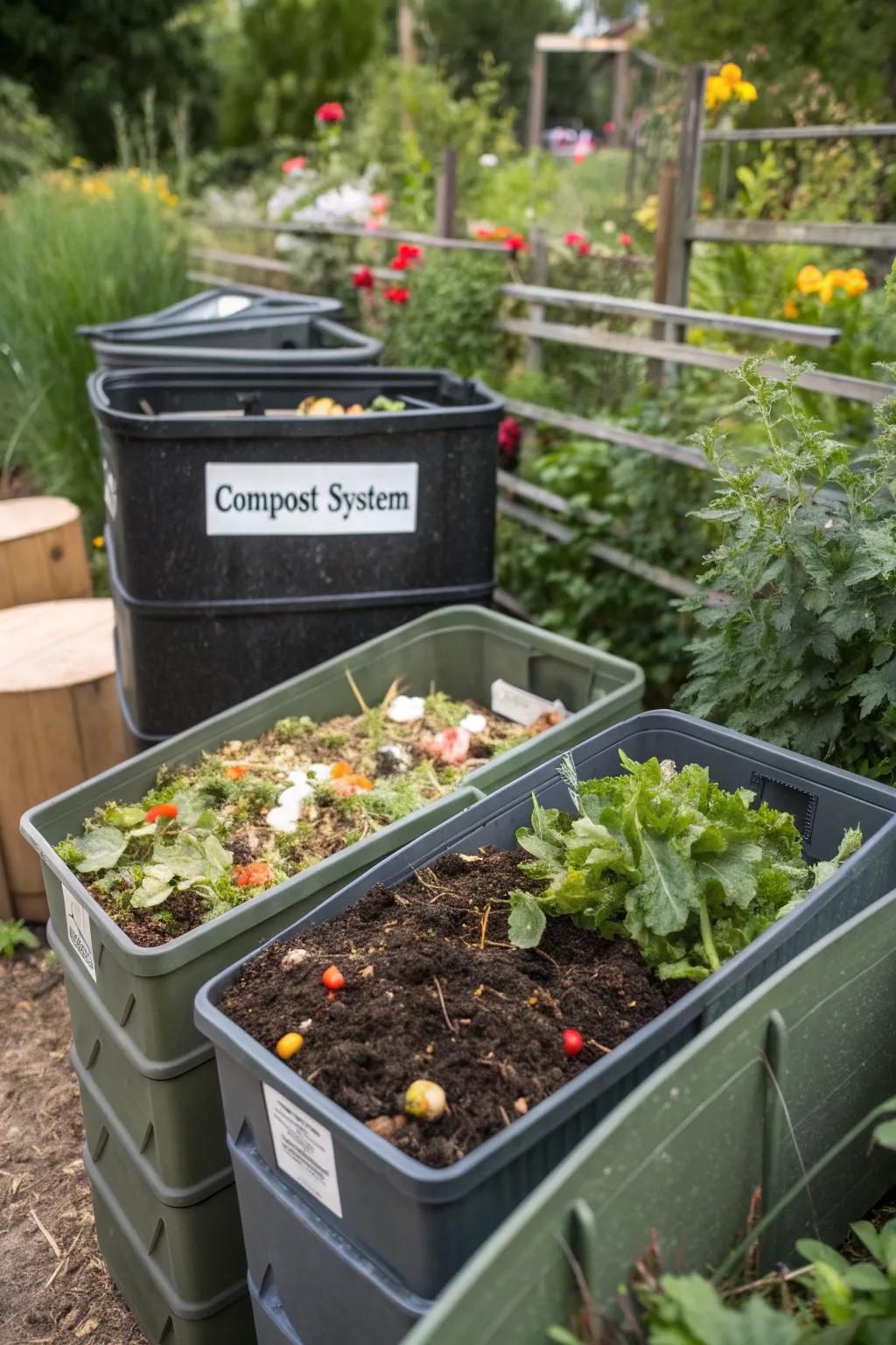 A well-organized multi-bin compost system