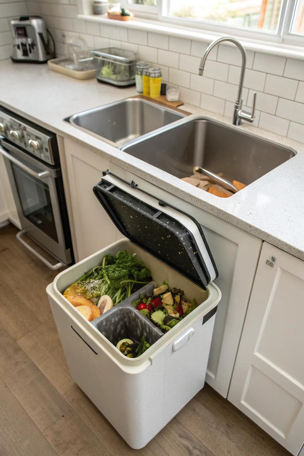 A discreet under-sink composting bin