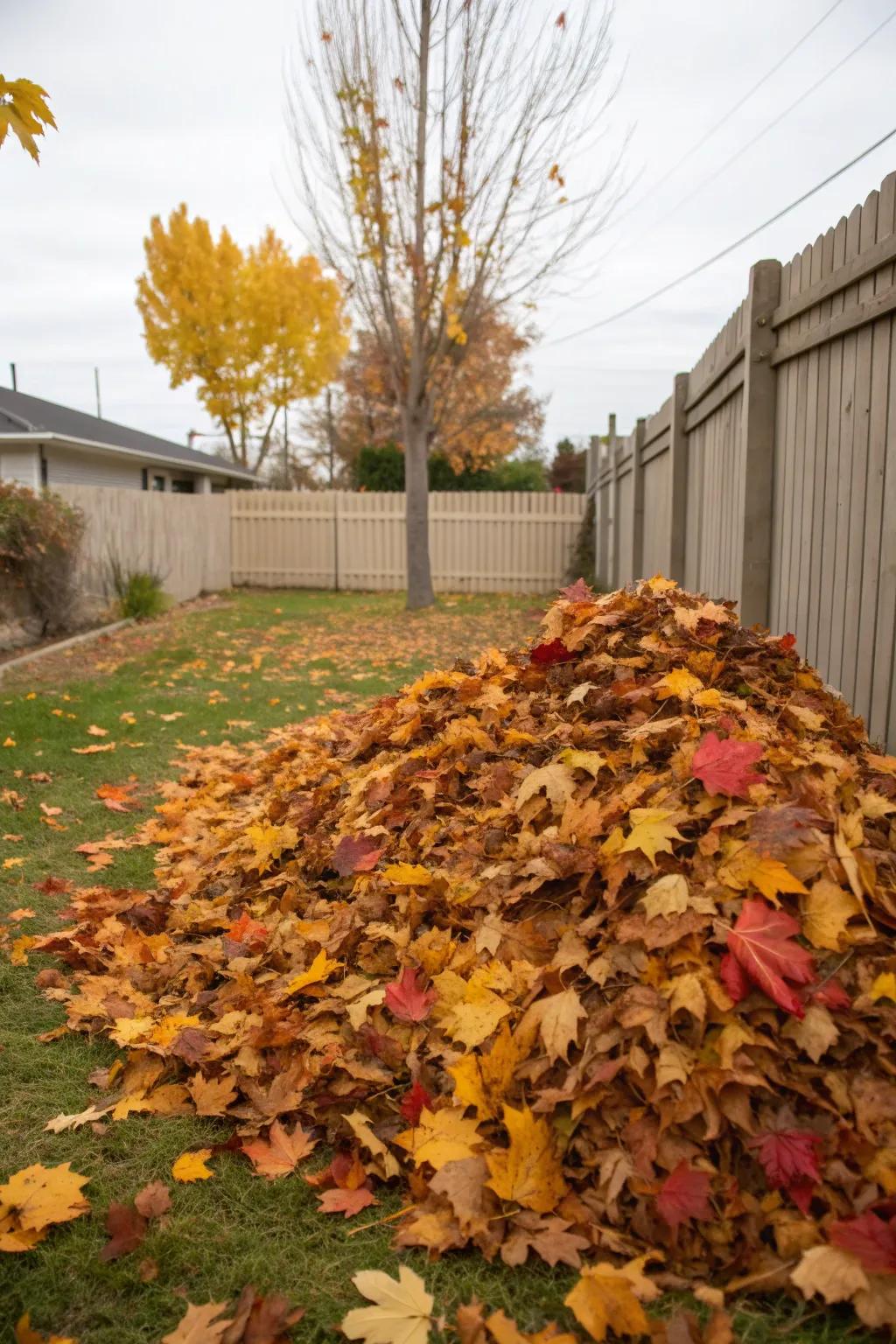 A compost pile of autumn leaves in a backyard