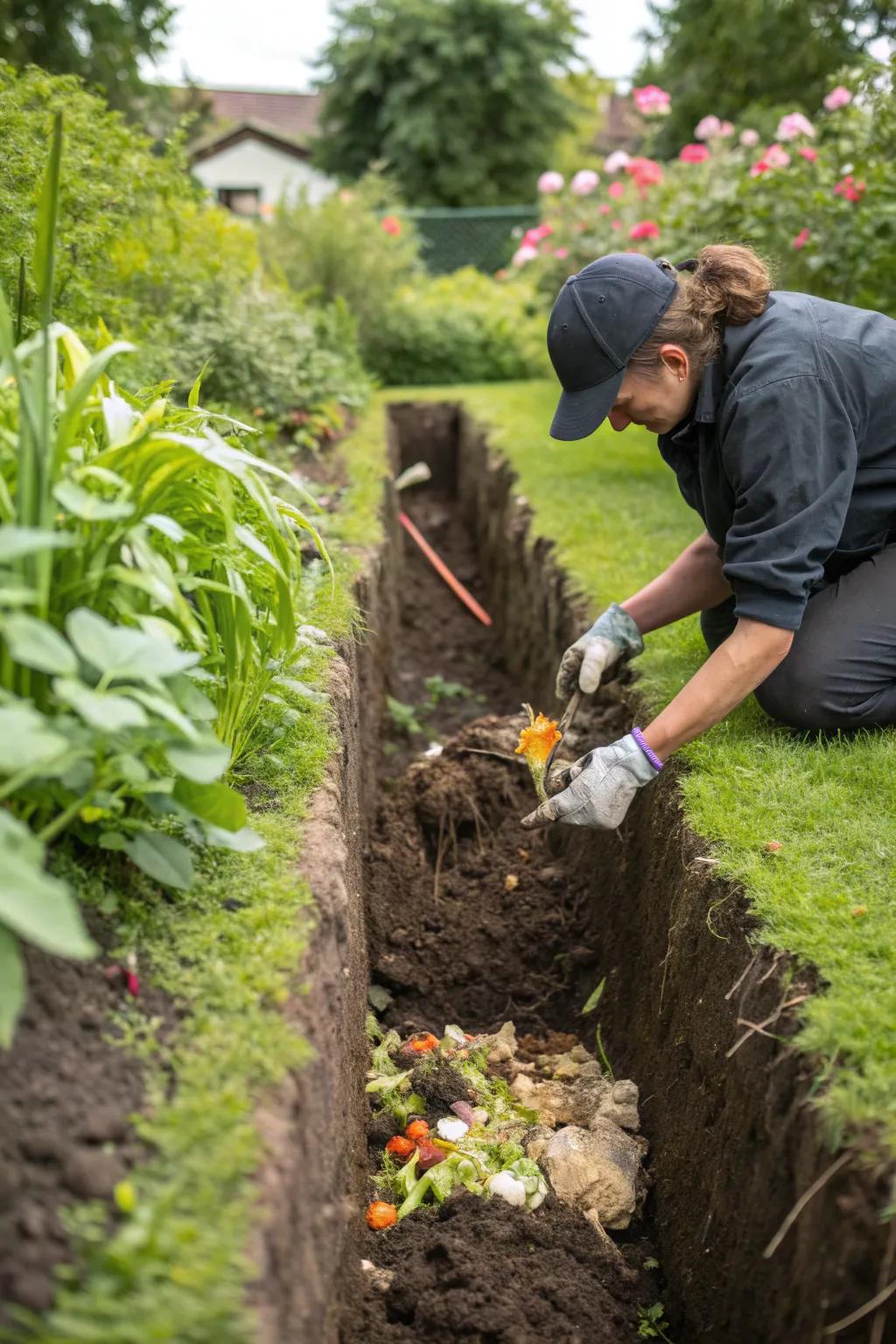 Trench composting in action