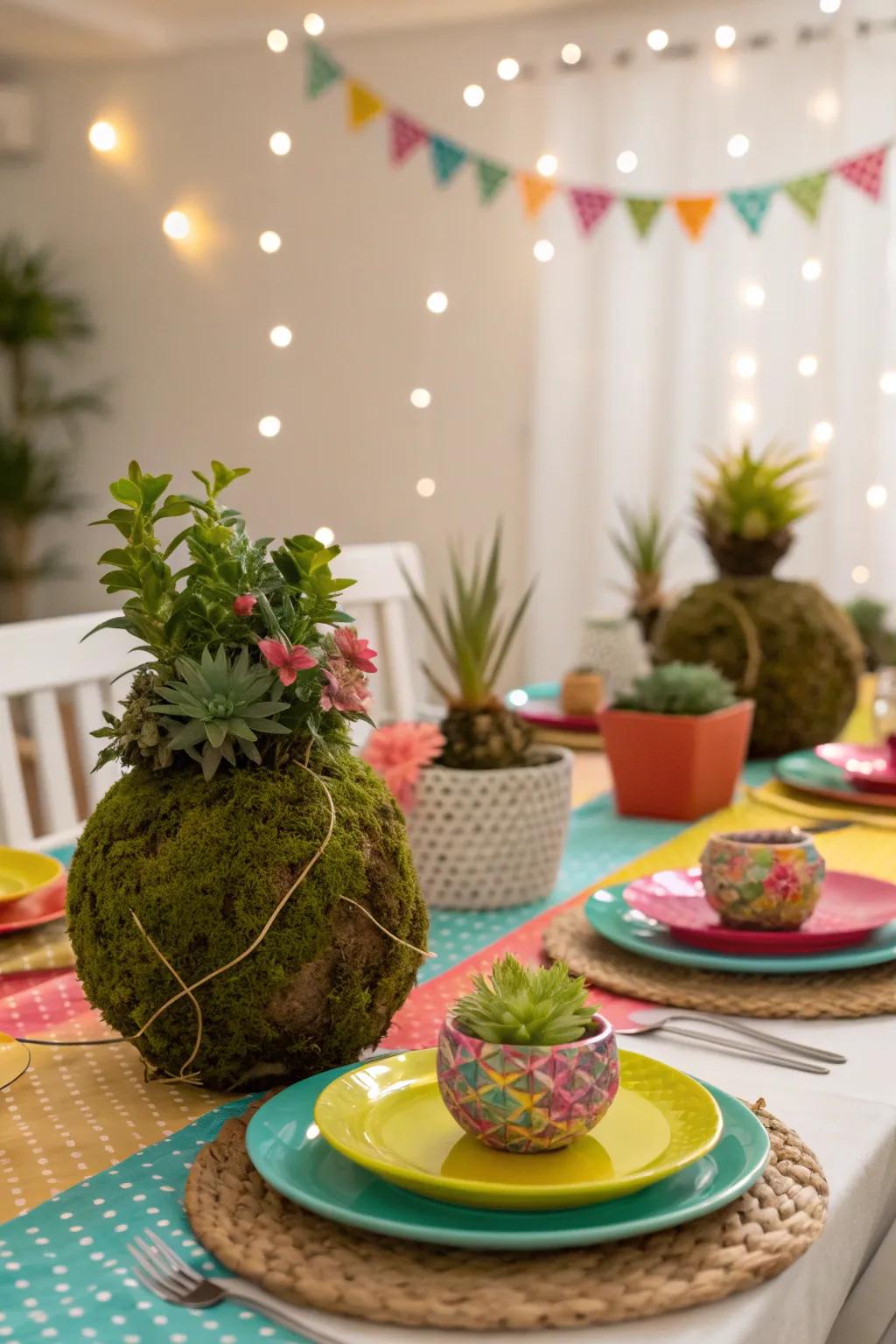 Kokedama plants bringing whimsy to party decor.