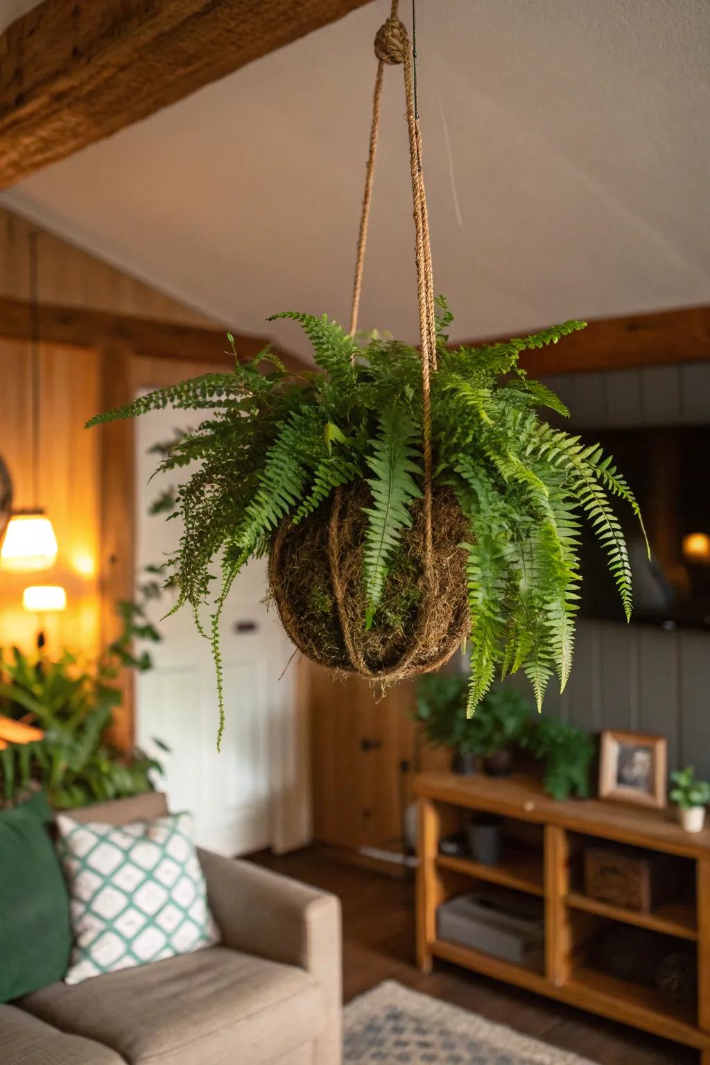 Elegant fern kokedama adding greenery to a cozy corner.