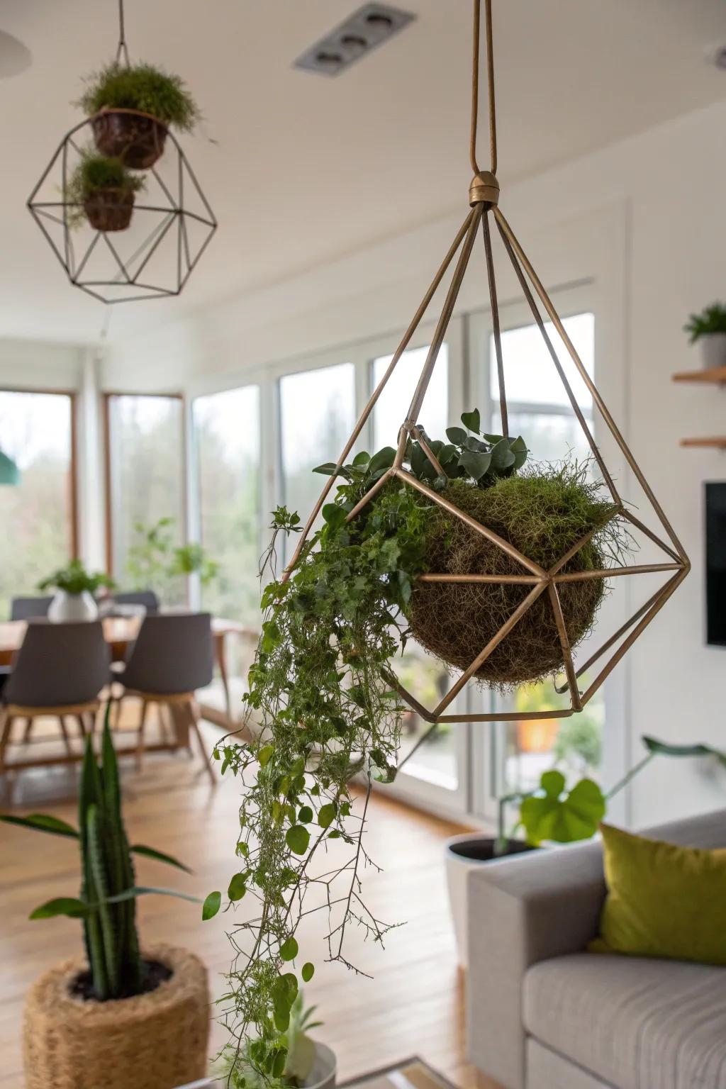 A striking combination of himmeli sculpture and kokedama.