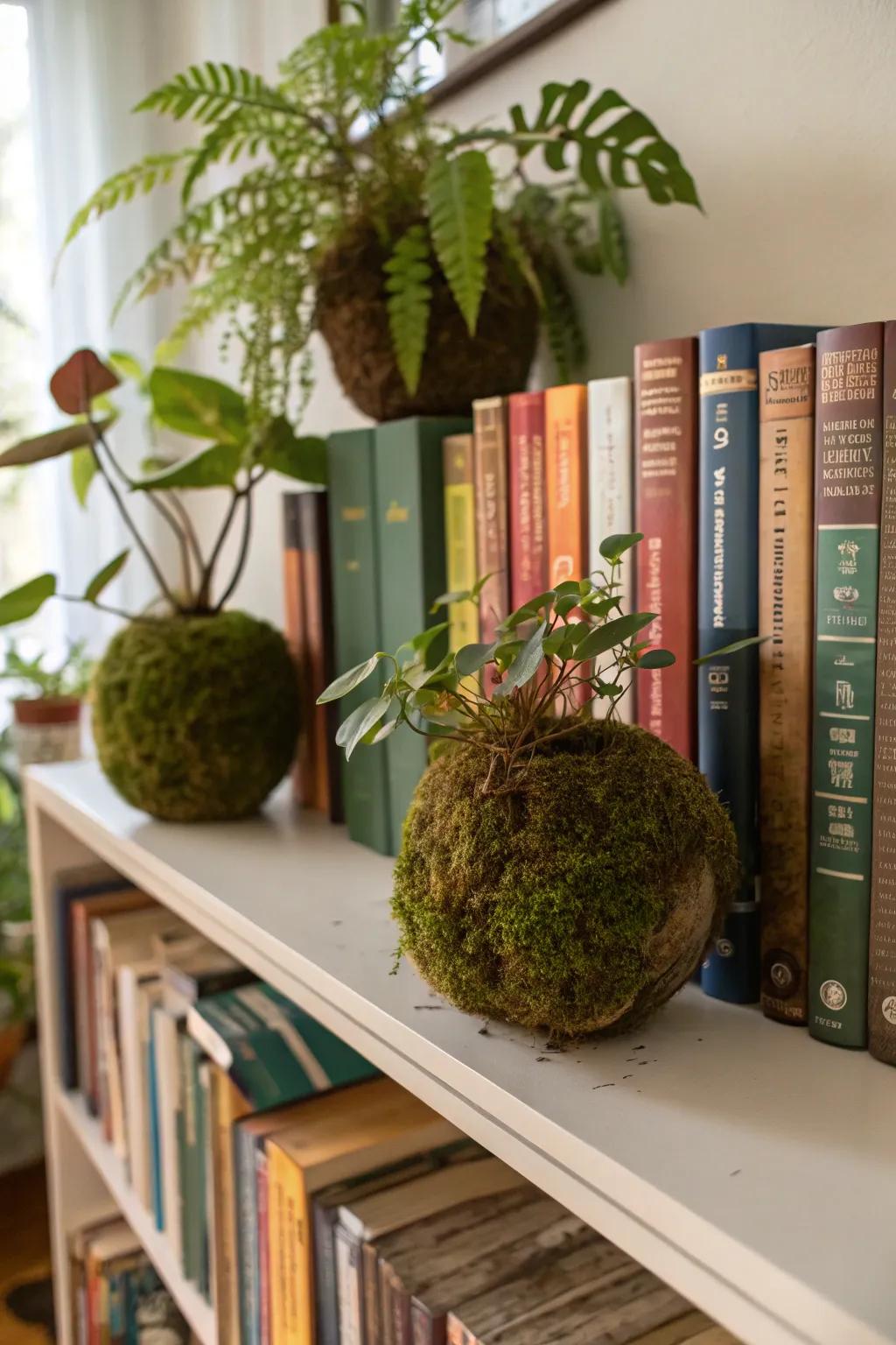 Kokedama adding a natural touch as bookends.