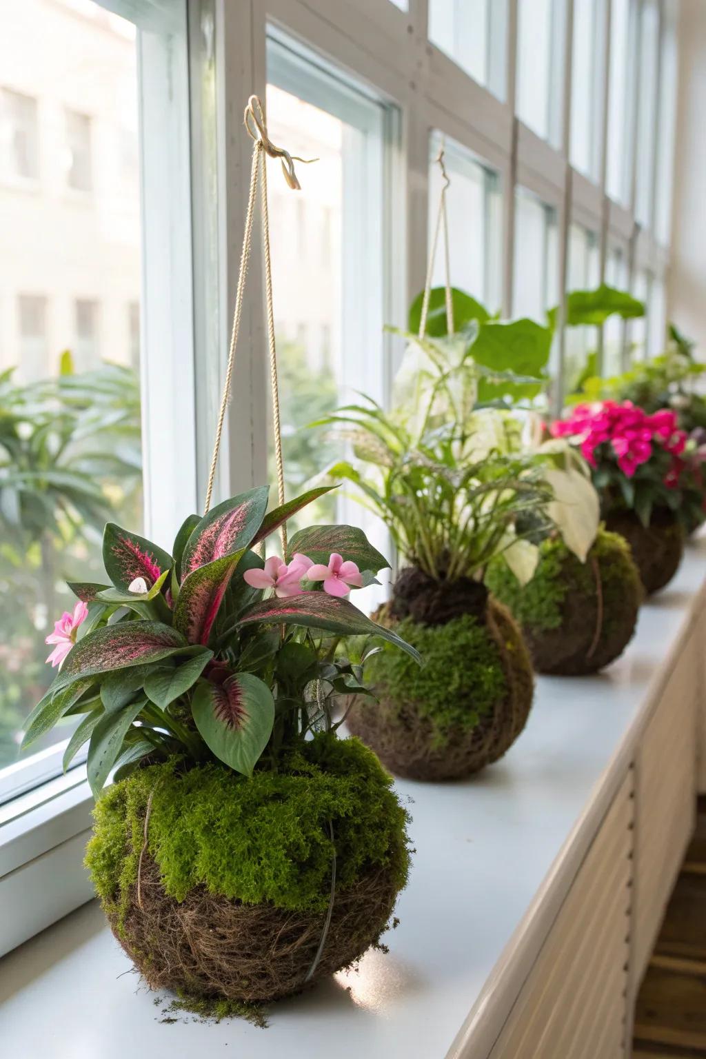 A colorful array of kokedama bringing life to a windowsill.