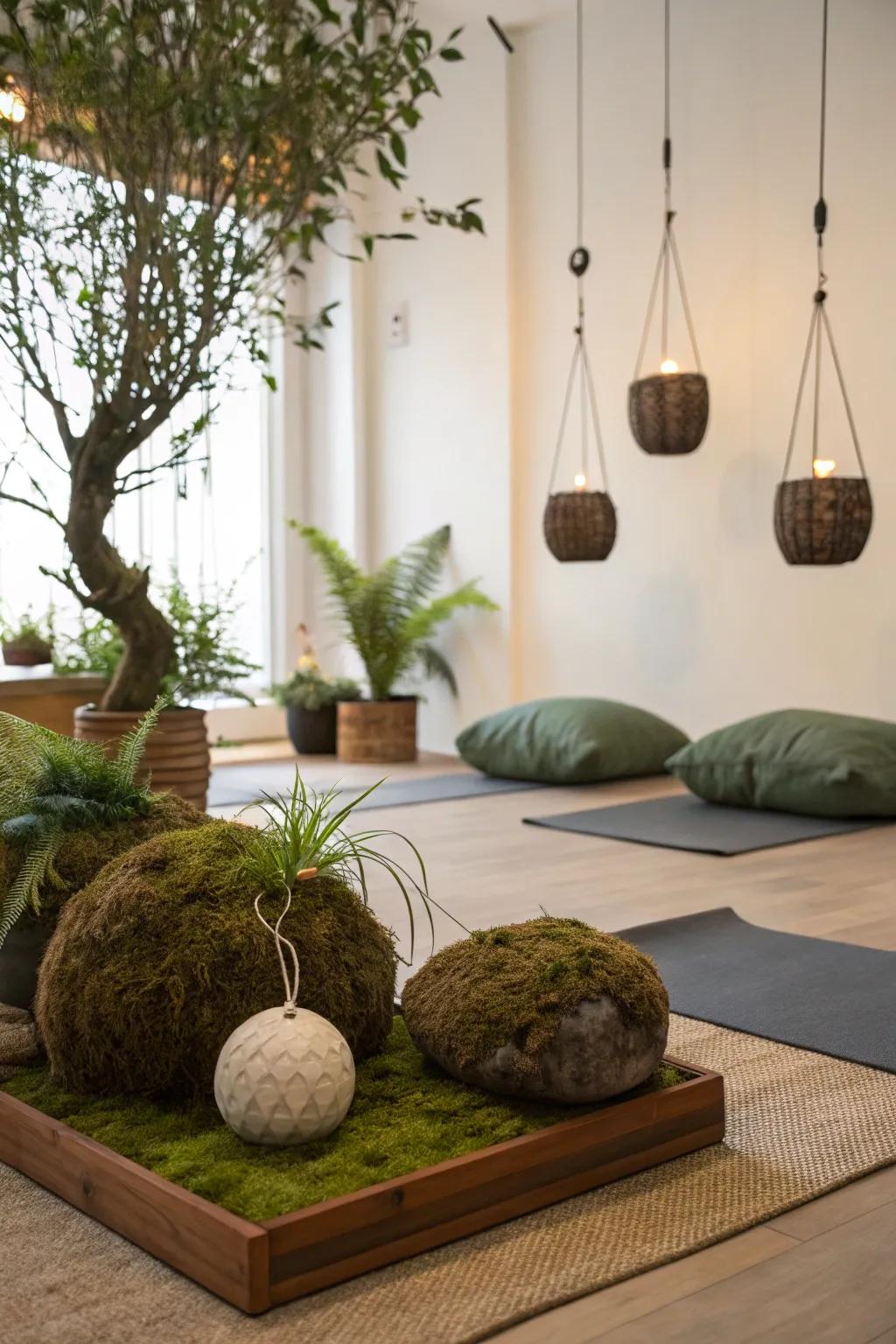 Kokedama creating a peaceful environment for meditation.