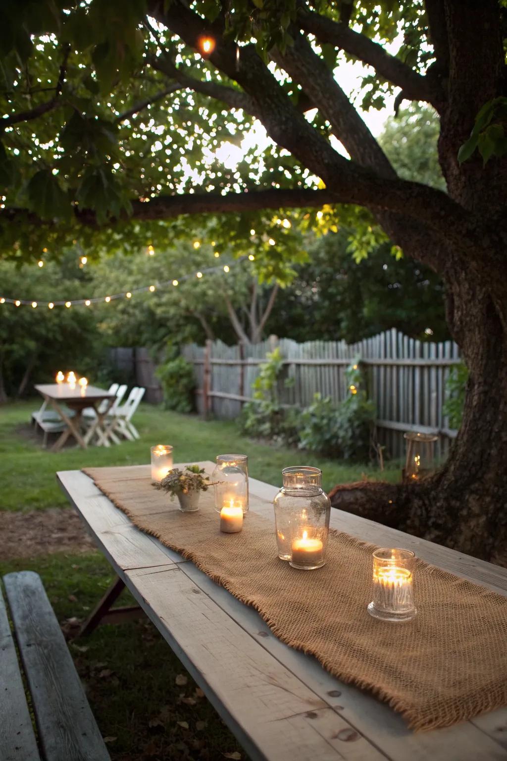 Rustic charm with mason jar candles and a burlap runner.