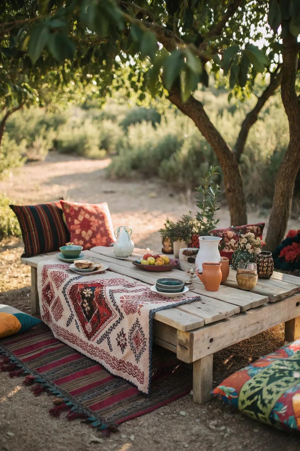 Boho bliss with colorful textiles and eclectic pottery.