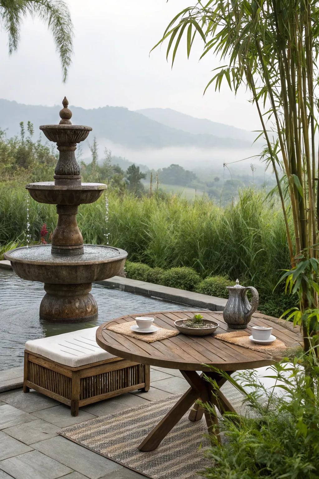 Zen retreat with a serene stone fountain and bamboo.