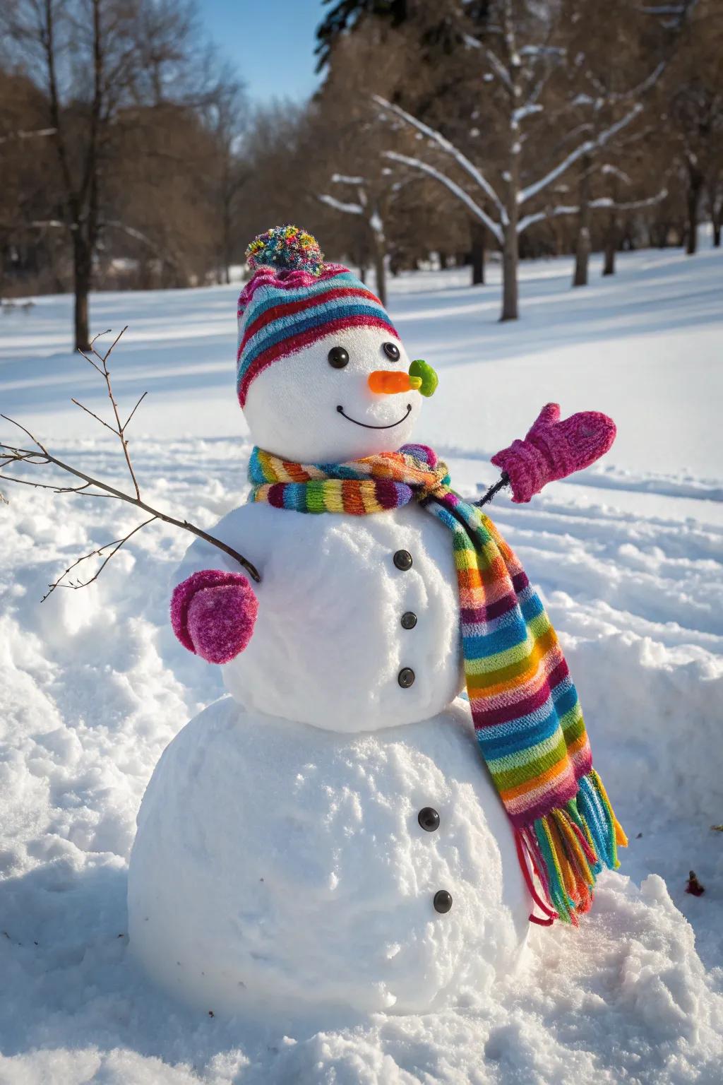 A snowman with a vibrant personality, thanks to its colorful accessories.