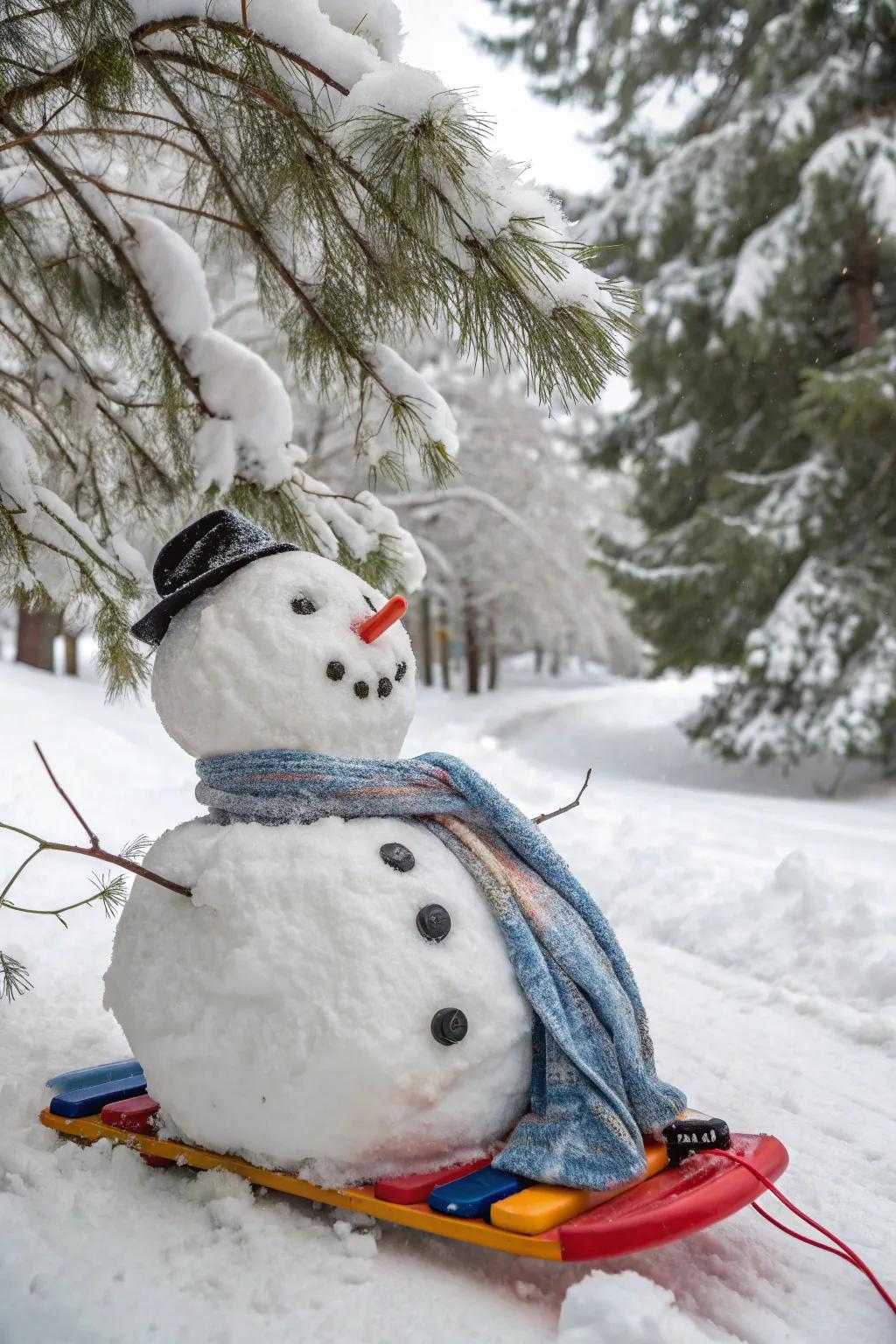 A snowman enjoying a whimsical sled ride through the snow.