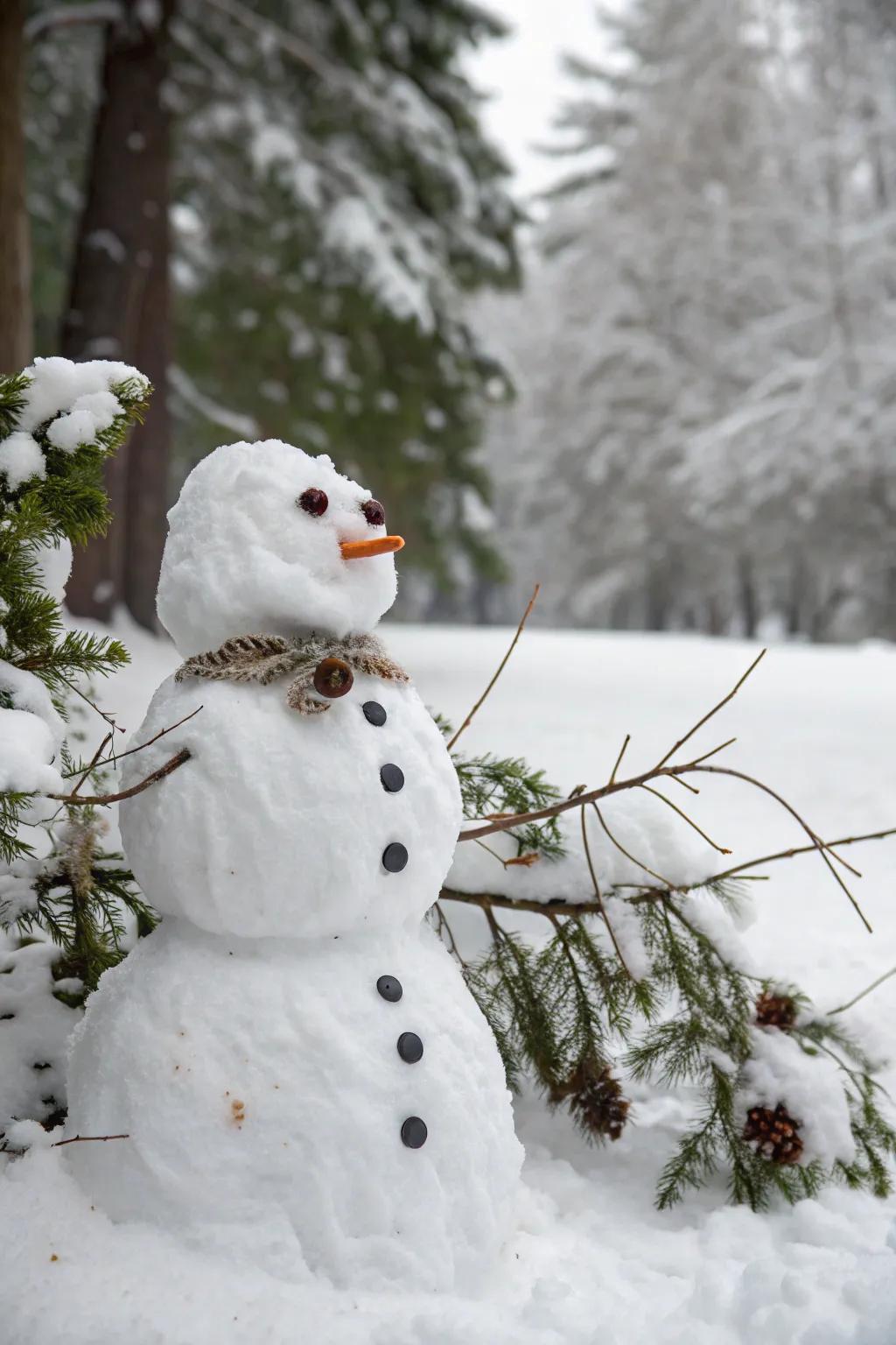 A snowman with a natural charm, perfectly at home in the snow.