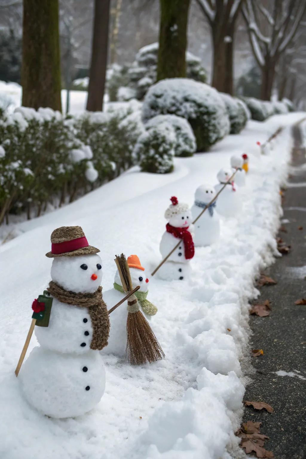Tiny snowmen adding a dash of whimsy to the winter path.