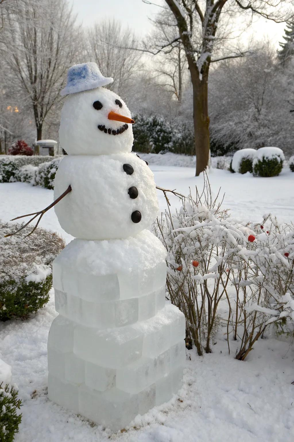 An artistic snowman with a touch of ice sculpting magic.