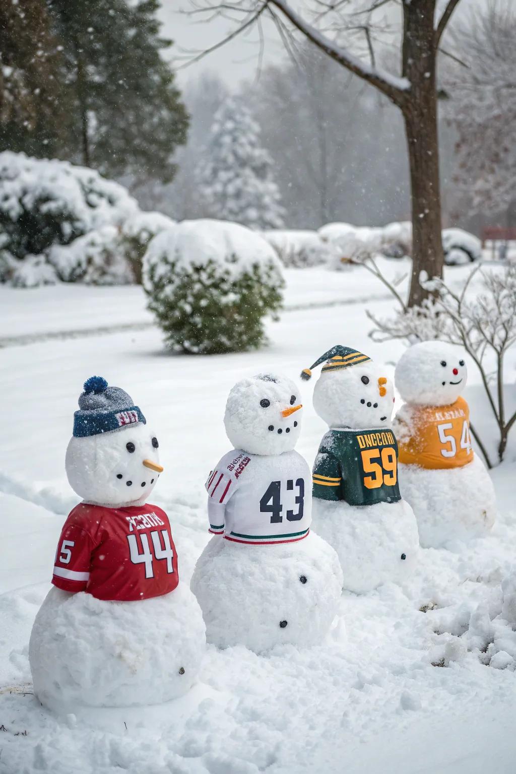 A sporty snowman team ready to play in the snow.