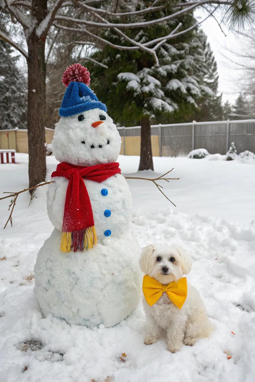 A snowman with its loyal snow pet adds a touch of charm.