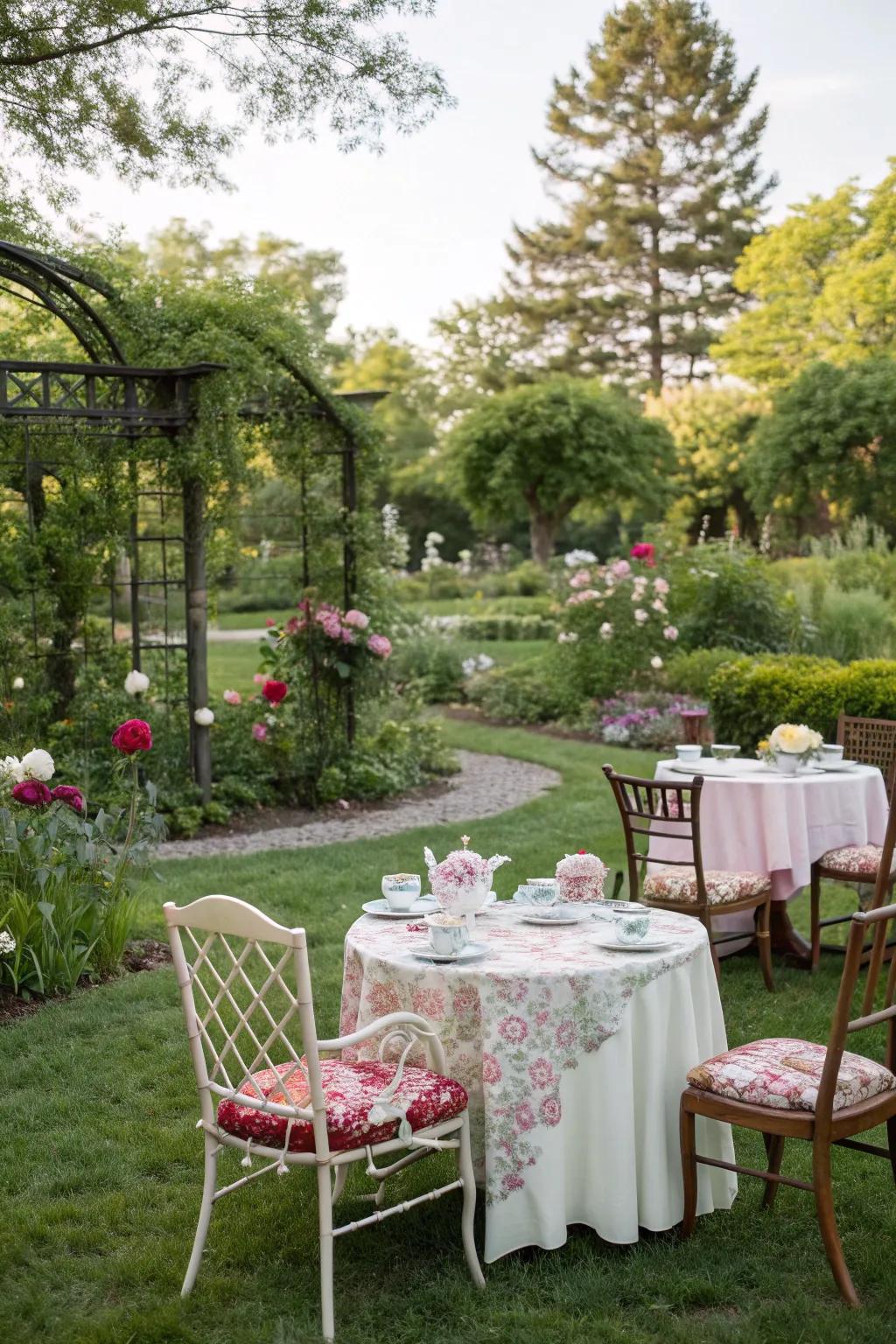A serene outdoor garden setup for a perfect tea party.