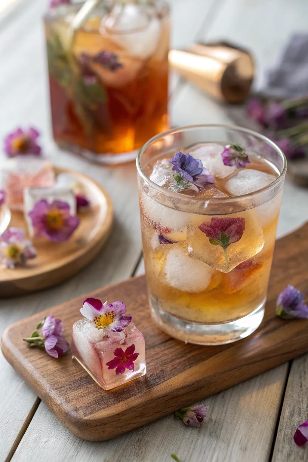 Refreshing drinks featuring beautiful floral ice cubes.