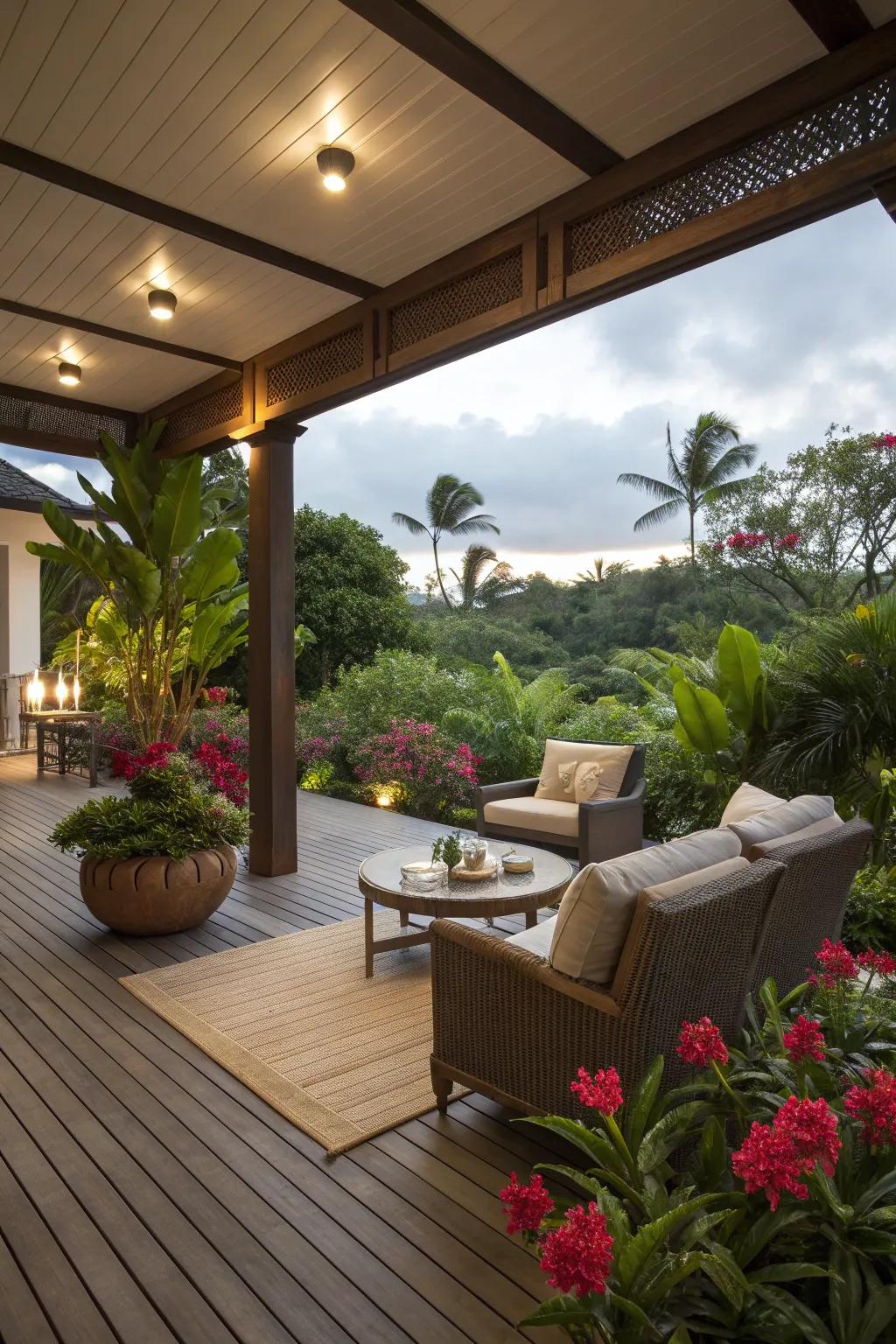 Wood-like flooring adds warmth and a natural touch to your lanai.