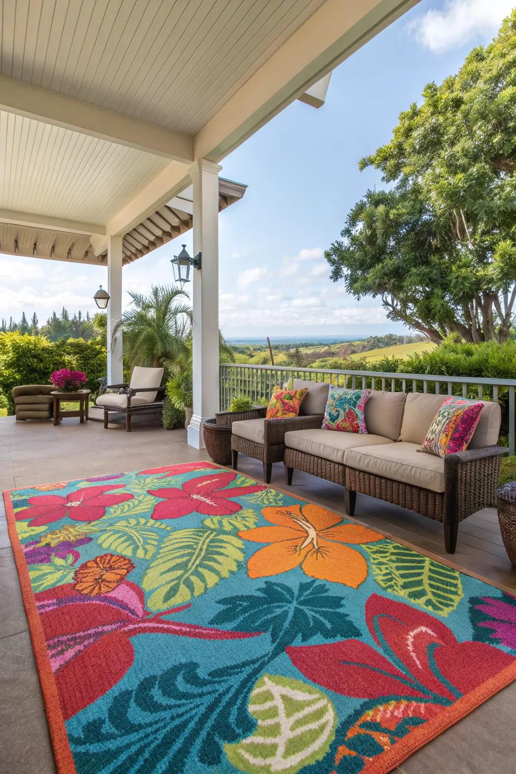 Outdoor rugs add color and comfort to your lanai.