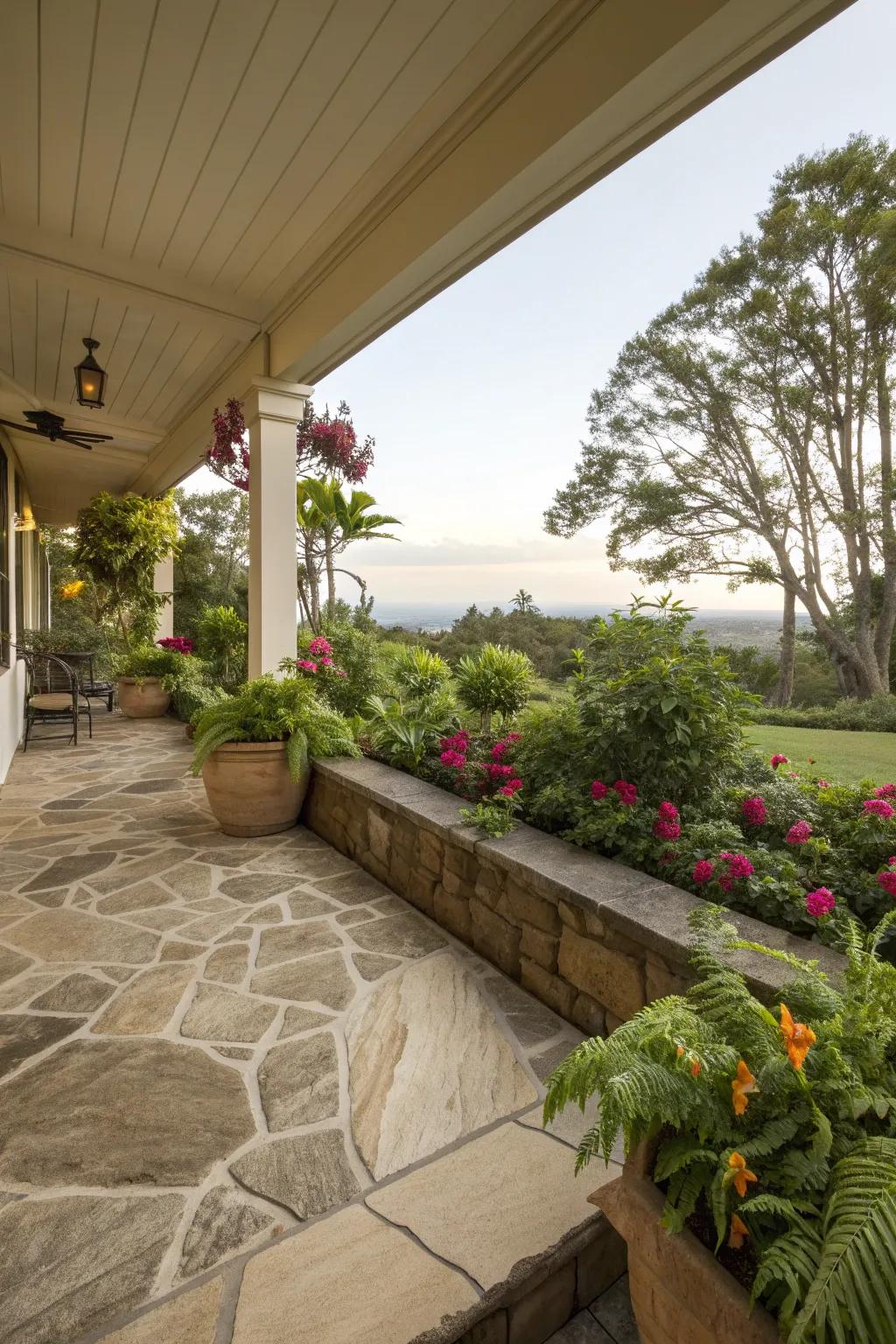 Natural element blends create a harmonious outdoor environment.