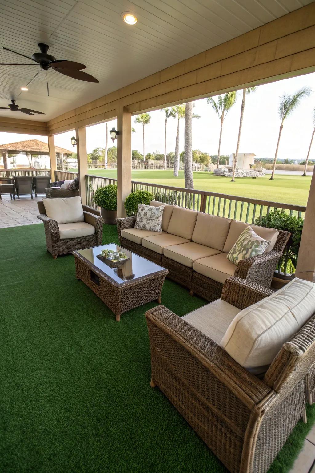 Artificial turf delivers a year-round green look with minimal upkeep.